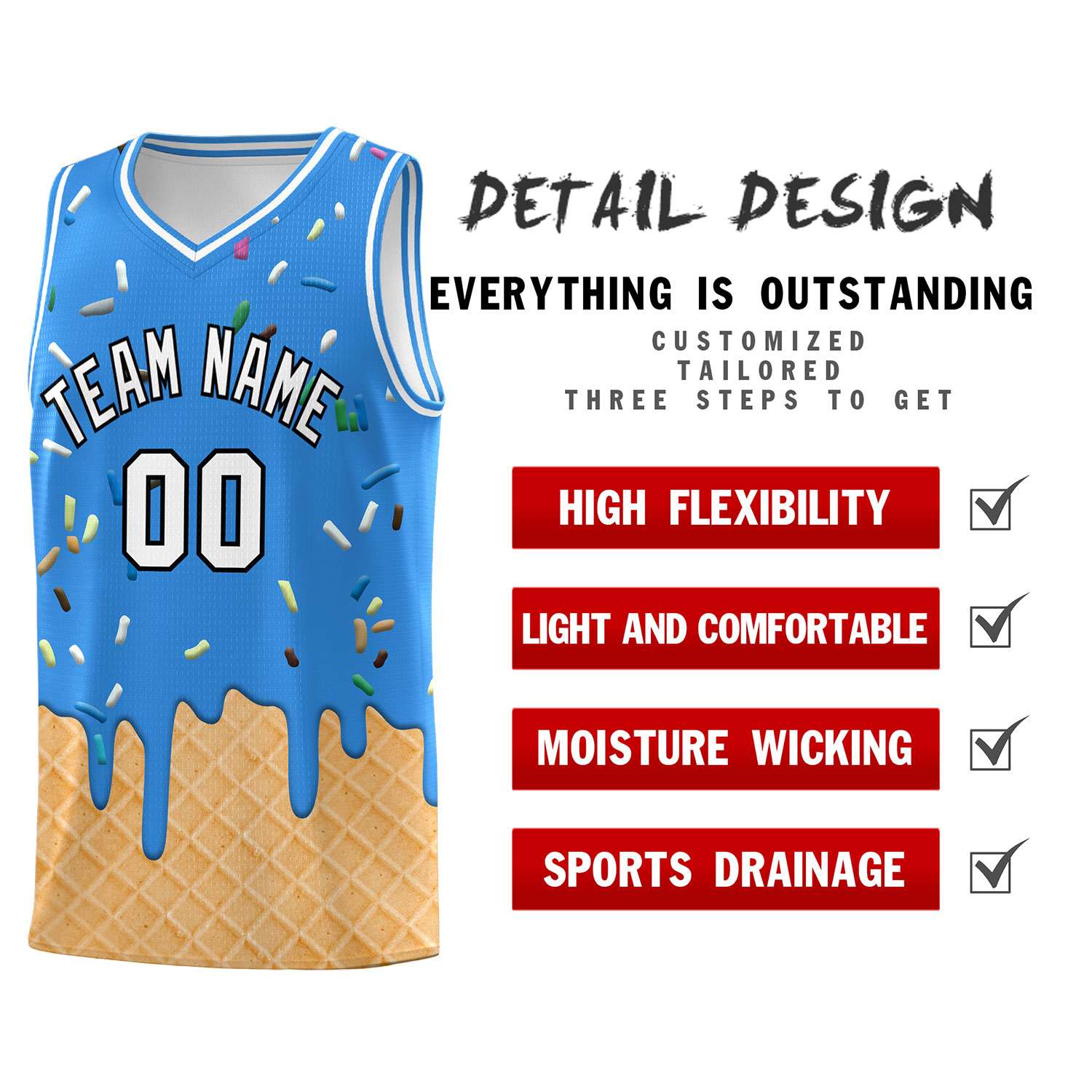 Custom Light Blue Basketball Kits with Ice Cream Element Pattern