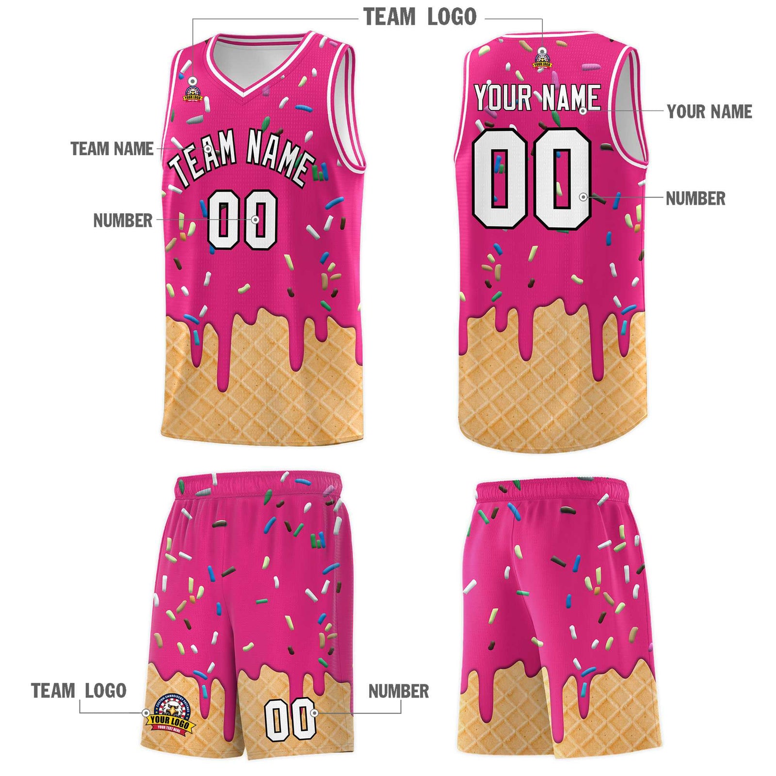 Custom Rose Red Basketball Kits with Ice Cream Element Pattern