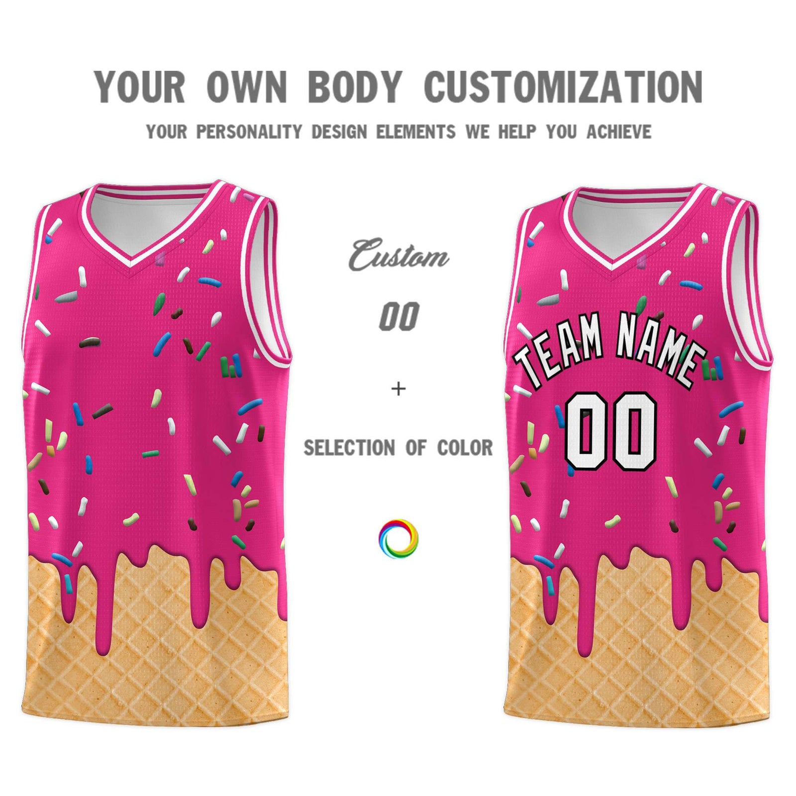 Custom Rose Red Basketball Kits with Ice Cream Element Pattern