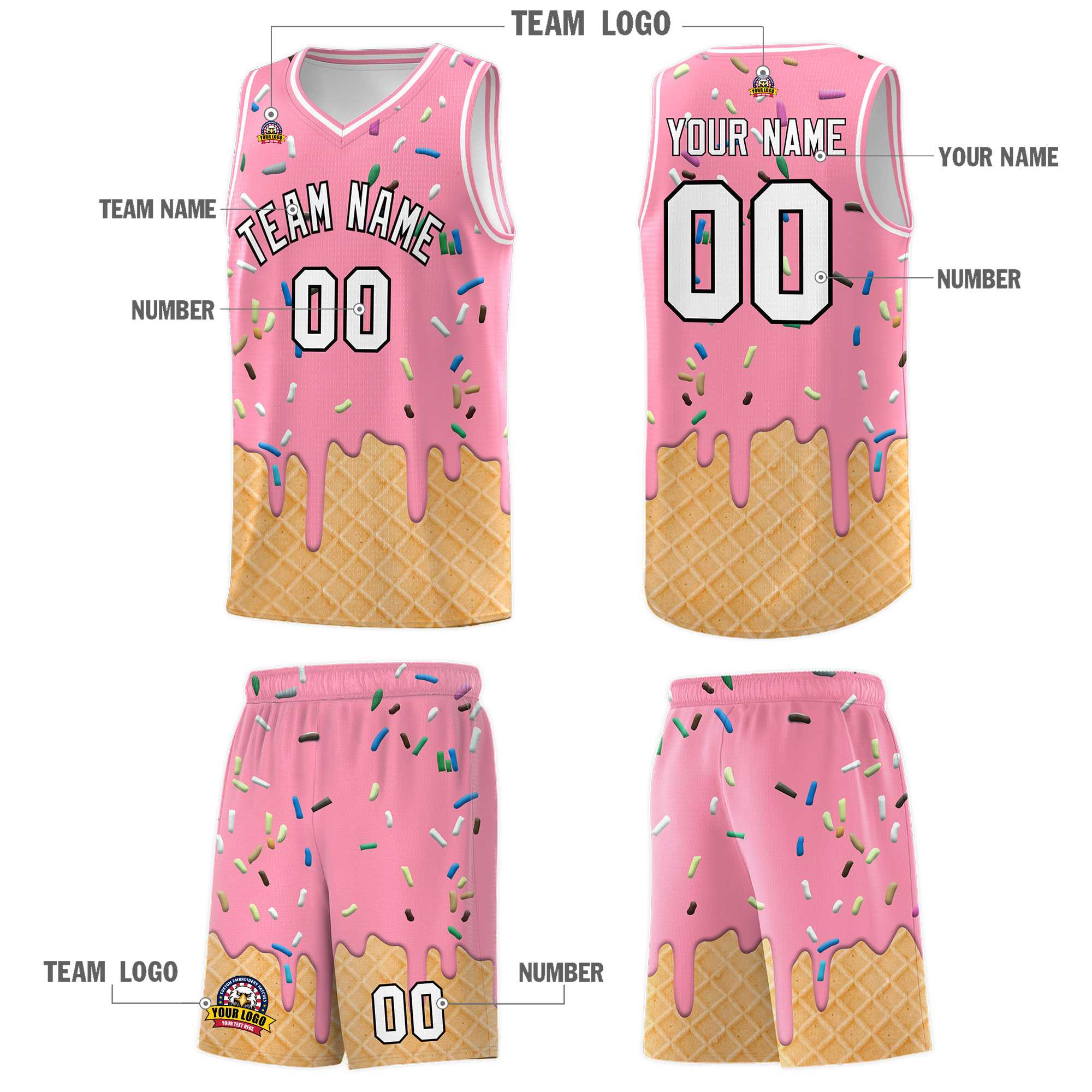 Custom Light Pink Basketball Kits with Ice Cream Element Pattern