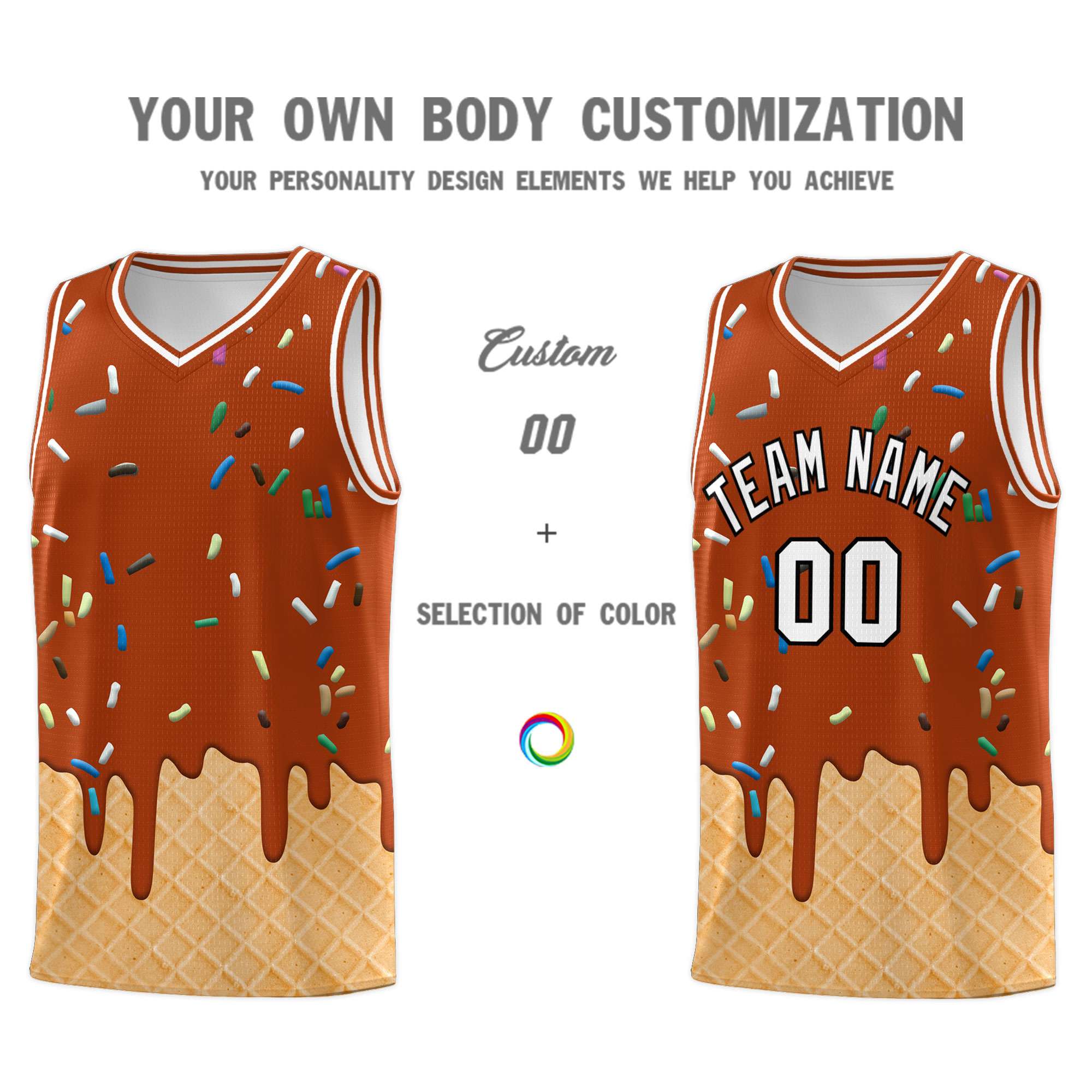 Custom Dark Orange Basketball Kits with Ice Cream Element Pattern