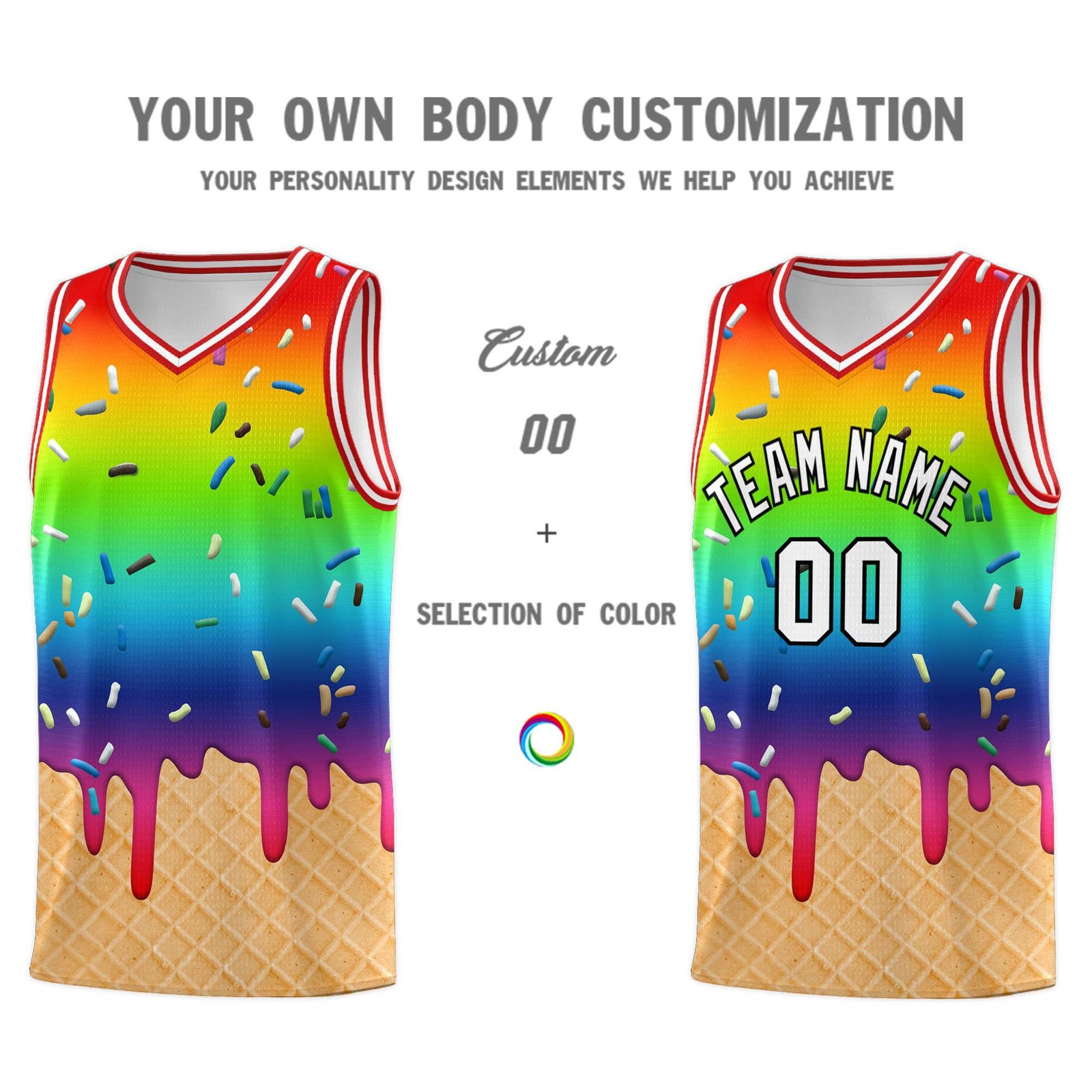 Custom Rainbow Basketball Kits with Ice Cream Element Pattern