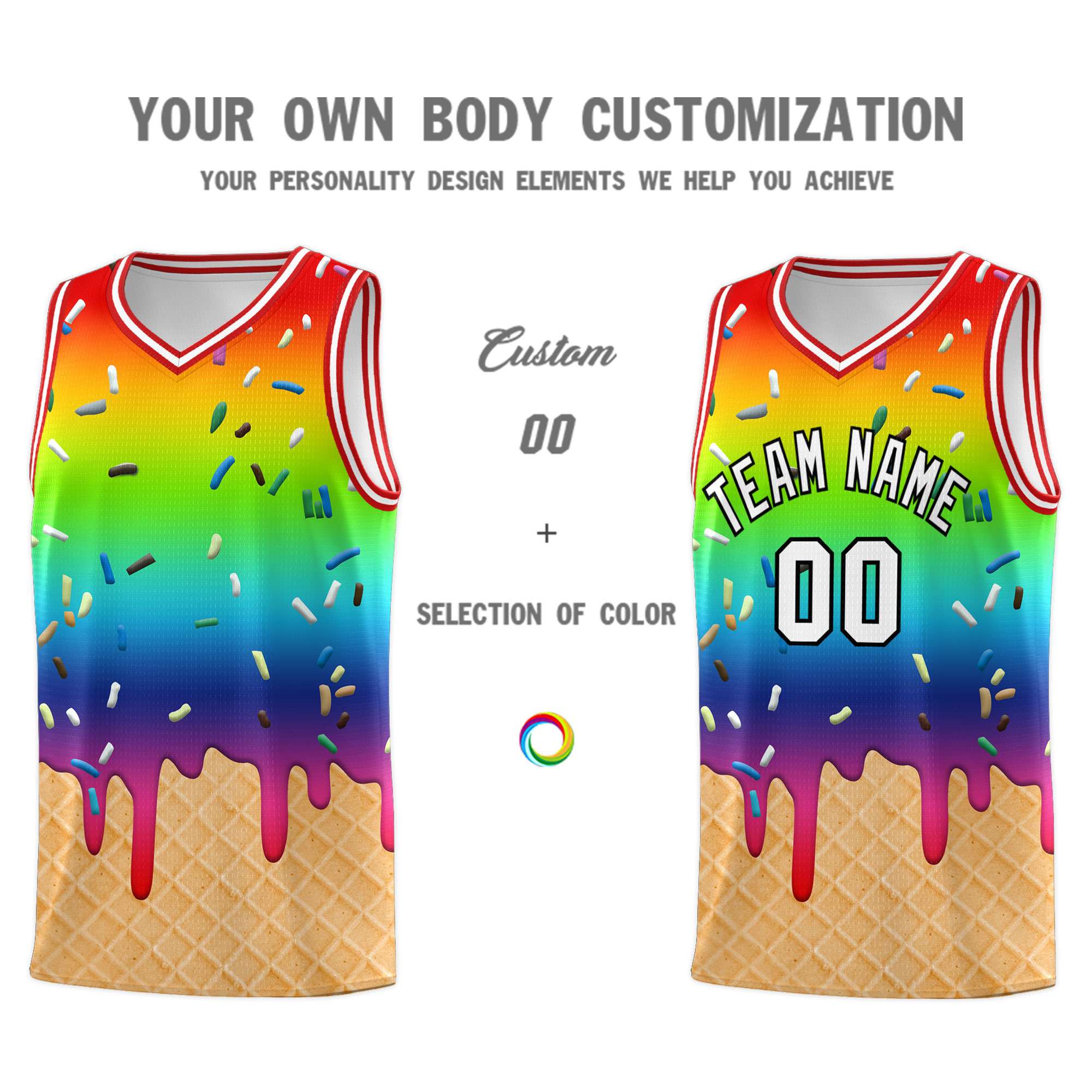 Custom Rainbow Basketball Kits with Ice Cream Element Pattern