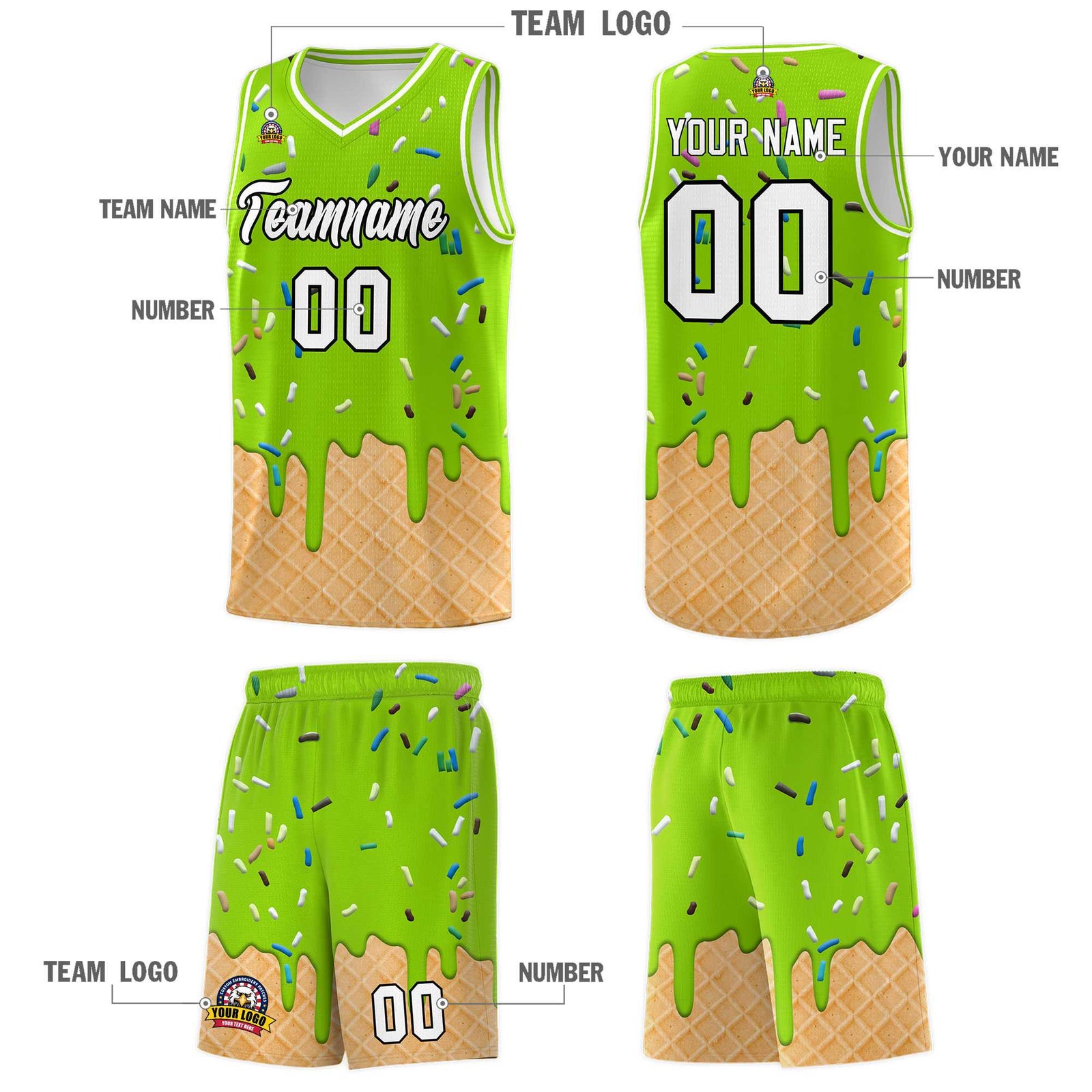 Custom Neon Green Basketball Kits with Ice Cream Element Pattern