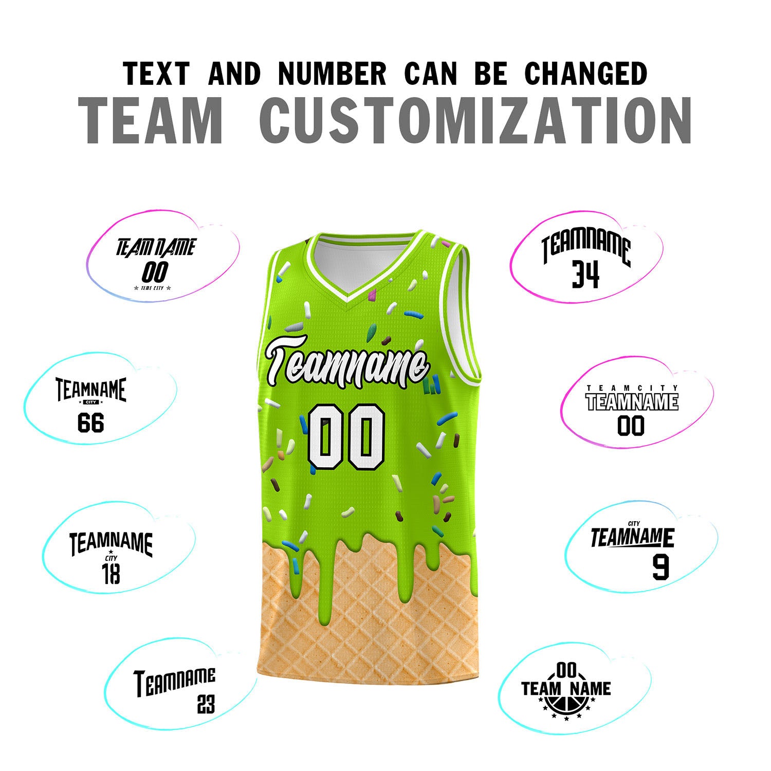 Custom Neon Green Basketball Kits with Ice Cream Element Pattern