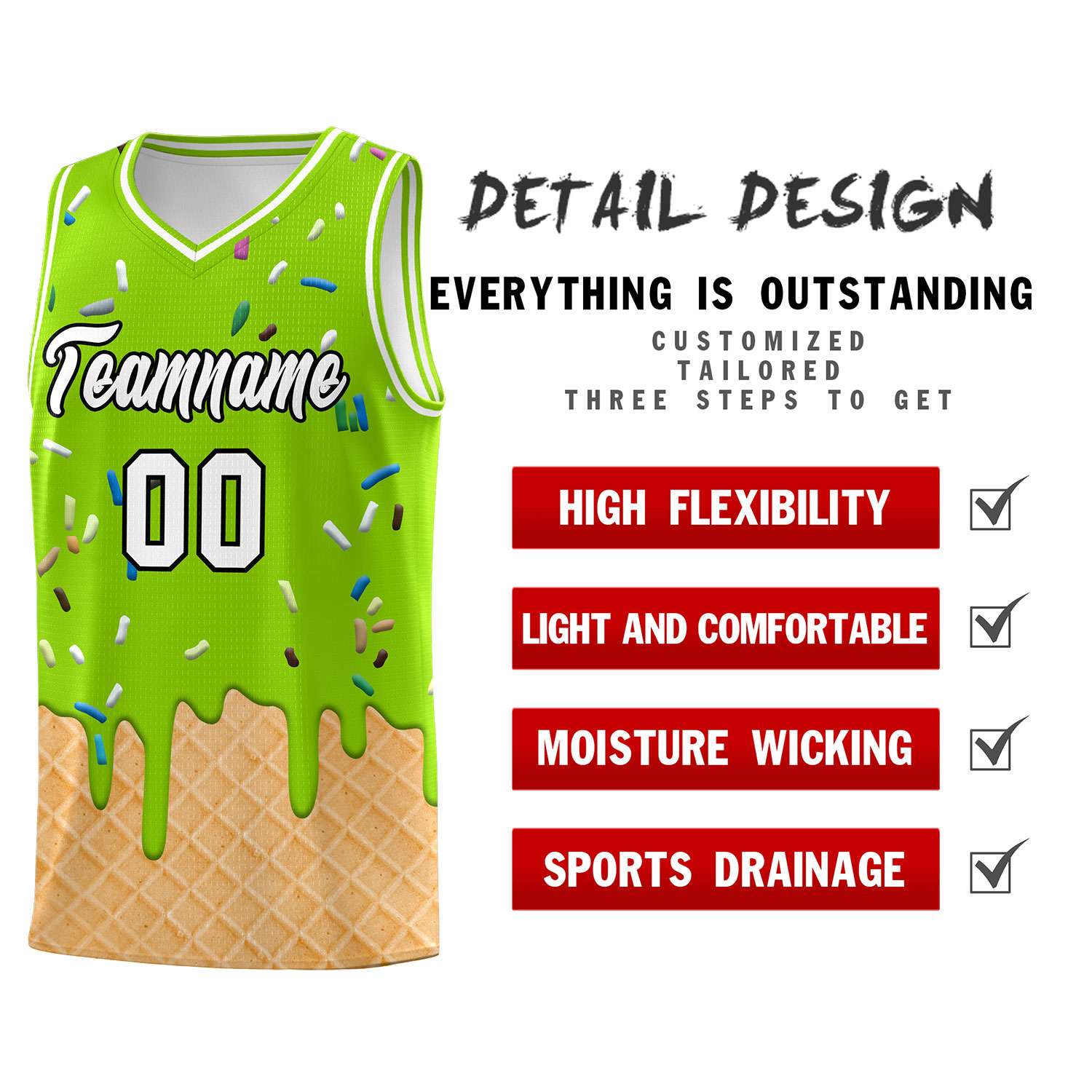 Custom Neon Green Basketball Kits with Ice Cream Element Pattern