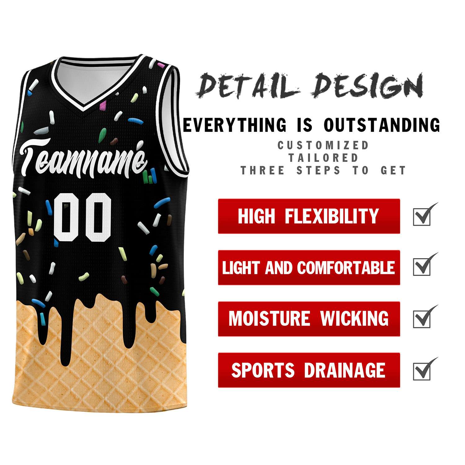 Custom Black Basketball Kits with Ice Cream Element Pattern