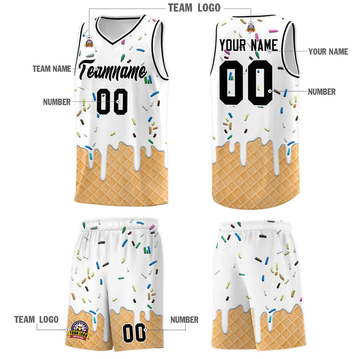 Custom White Basketball Kits with Ice Cream Element Pattern