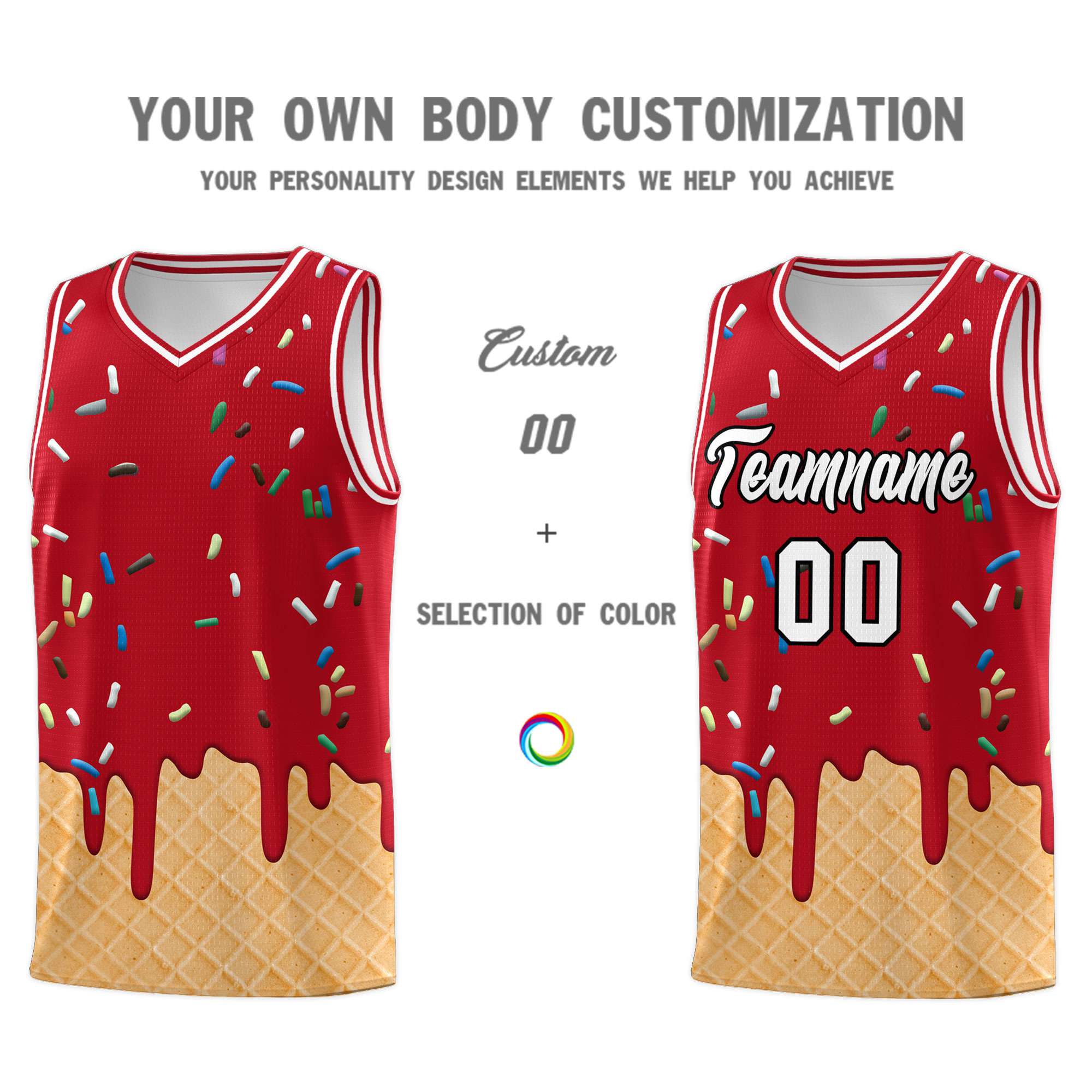 Custom Red Basketball Kits with Ice Cream Element Pattern