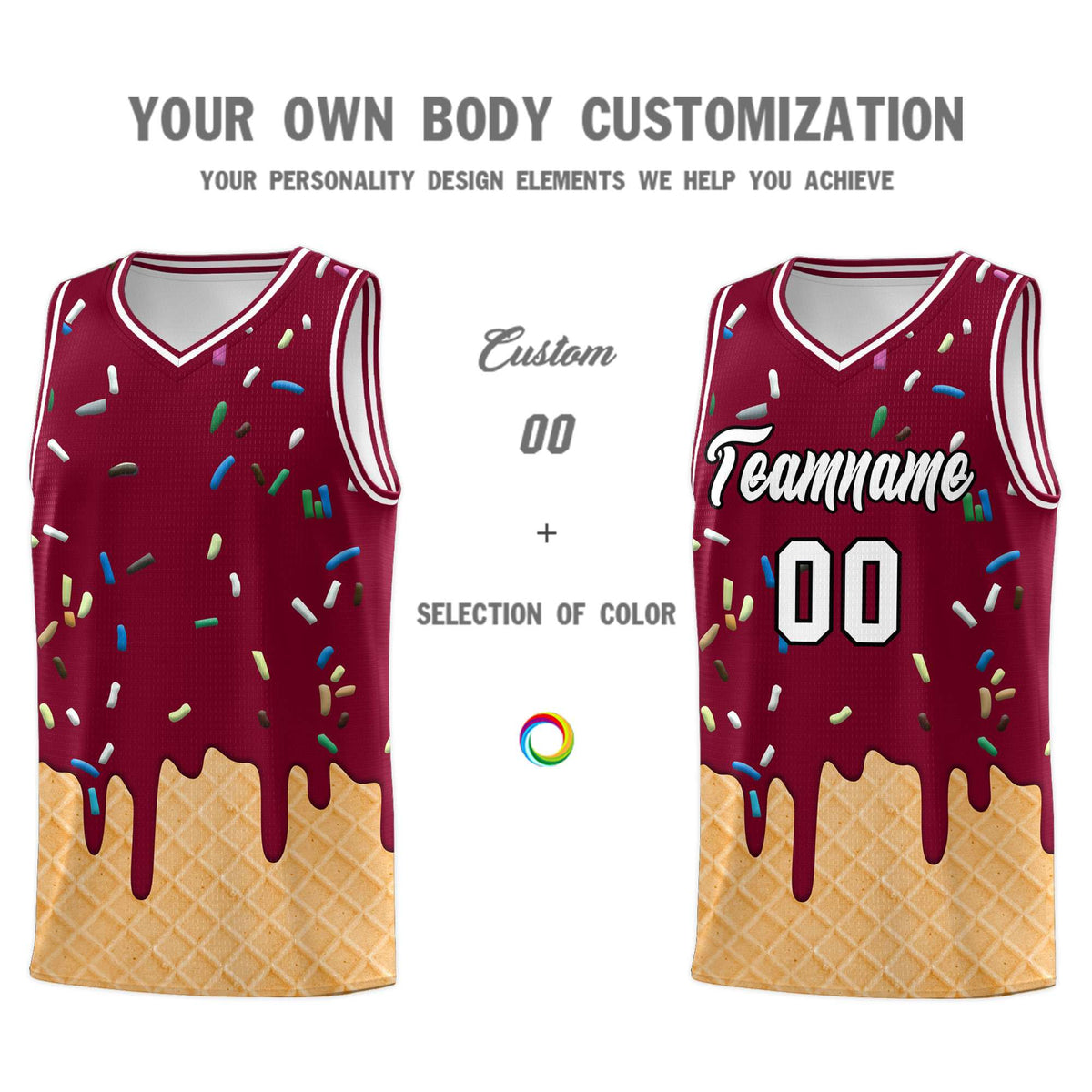 Custom Crimson Basketball Kits with Ice Cream Element Pattern