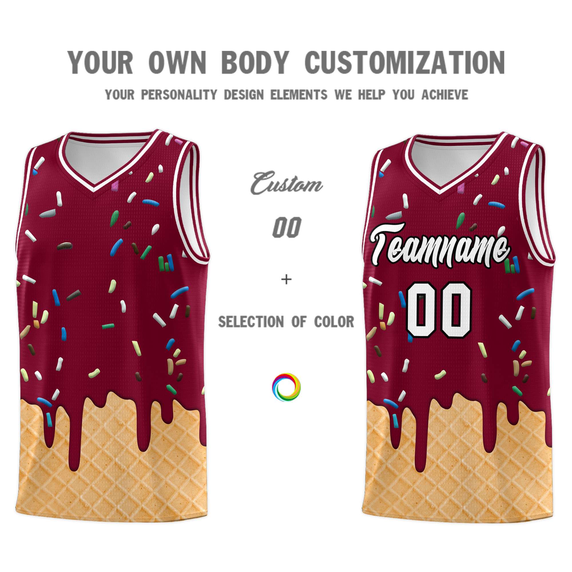 Custom Crimson Basketball Kits with Ice Cream Element Pattern