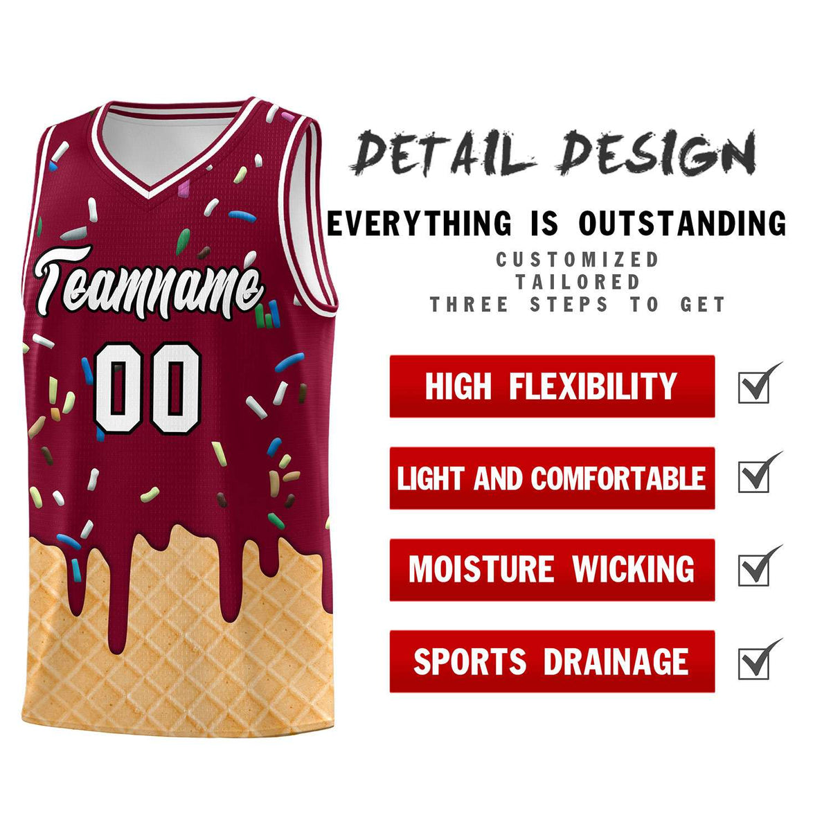 Custom Crimson Basketball Kits with Ice Cream Element Pattern