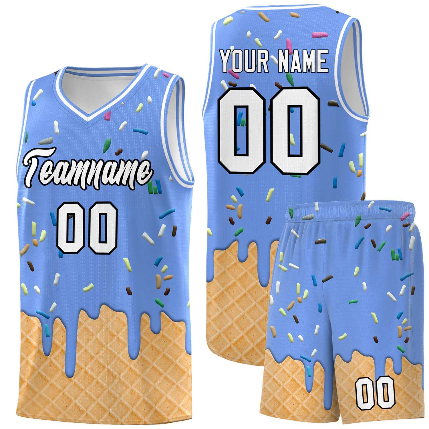 Custom Light Blue Basketball Kits with Ice Cream Element Pattern