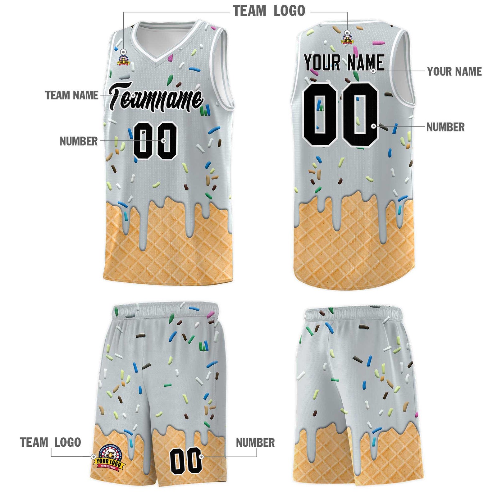 Custom Silver Basketball Kits with Ice Cream Element Pattern