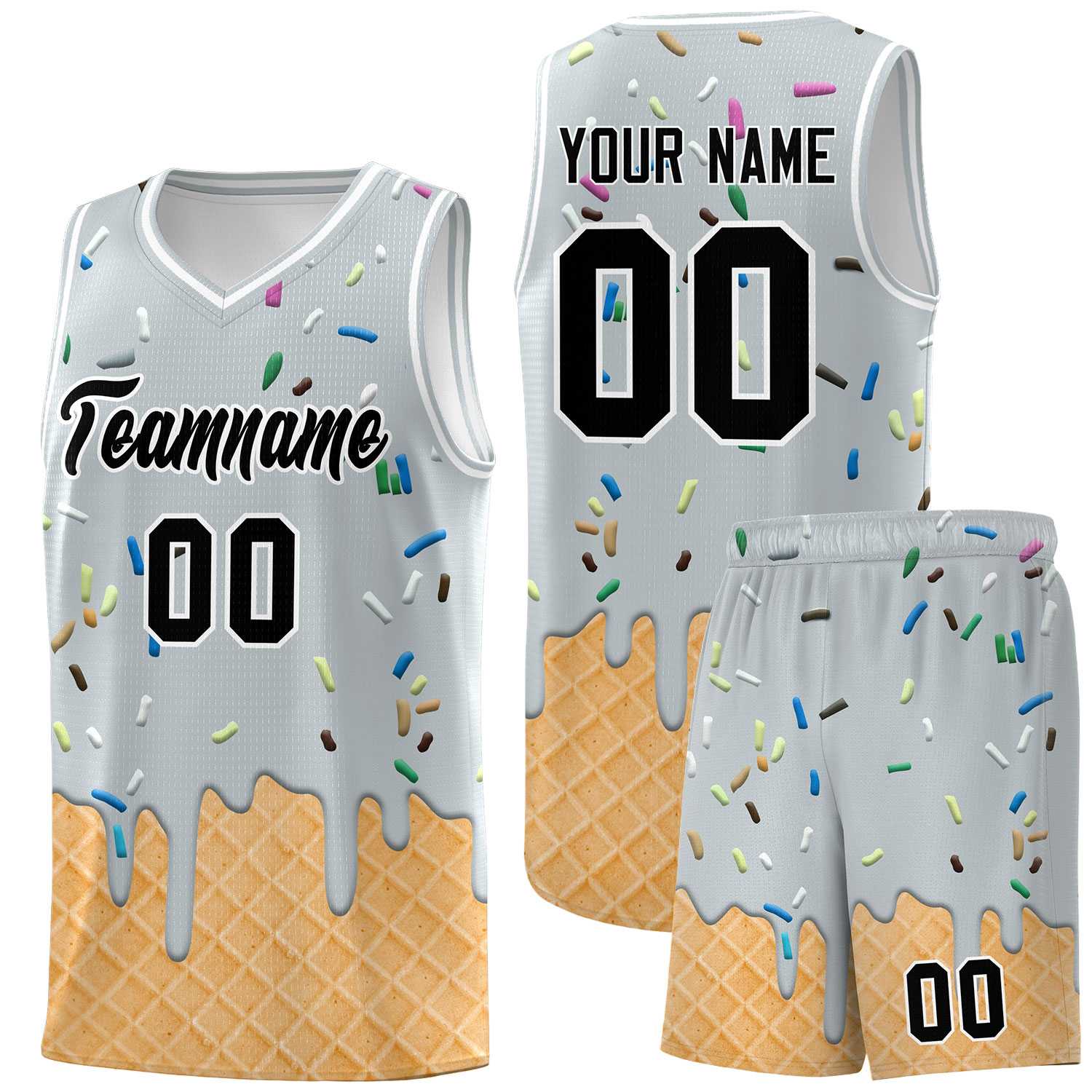 Custom Silver Basketball Kits with Ice Cream Element Pattern