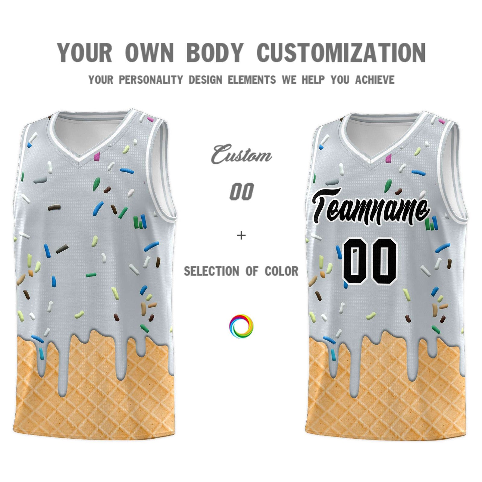 Custom Silver Basketball Kits with Ice Cream Element Pattern