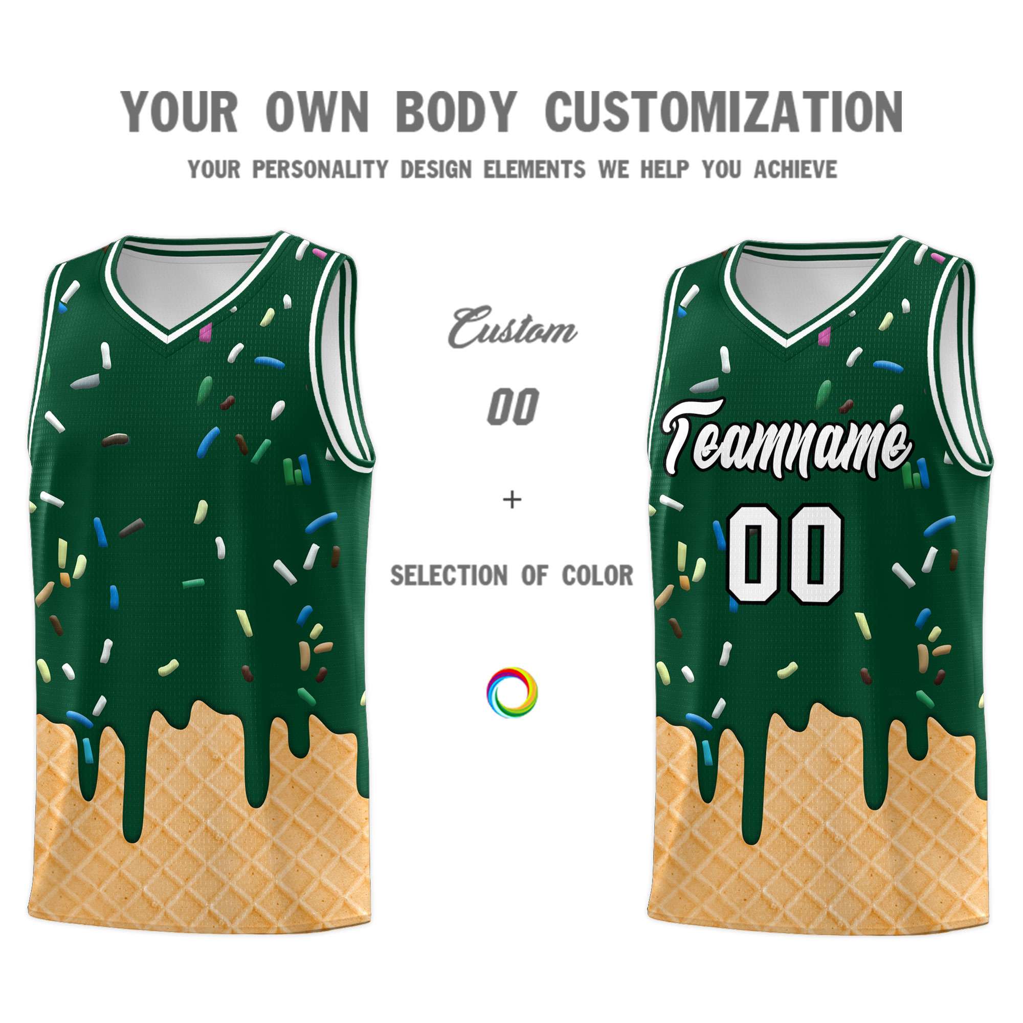 Custom Green Basketball Kits with Ice Cream Element Pattern