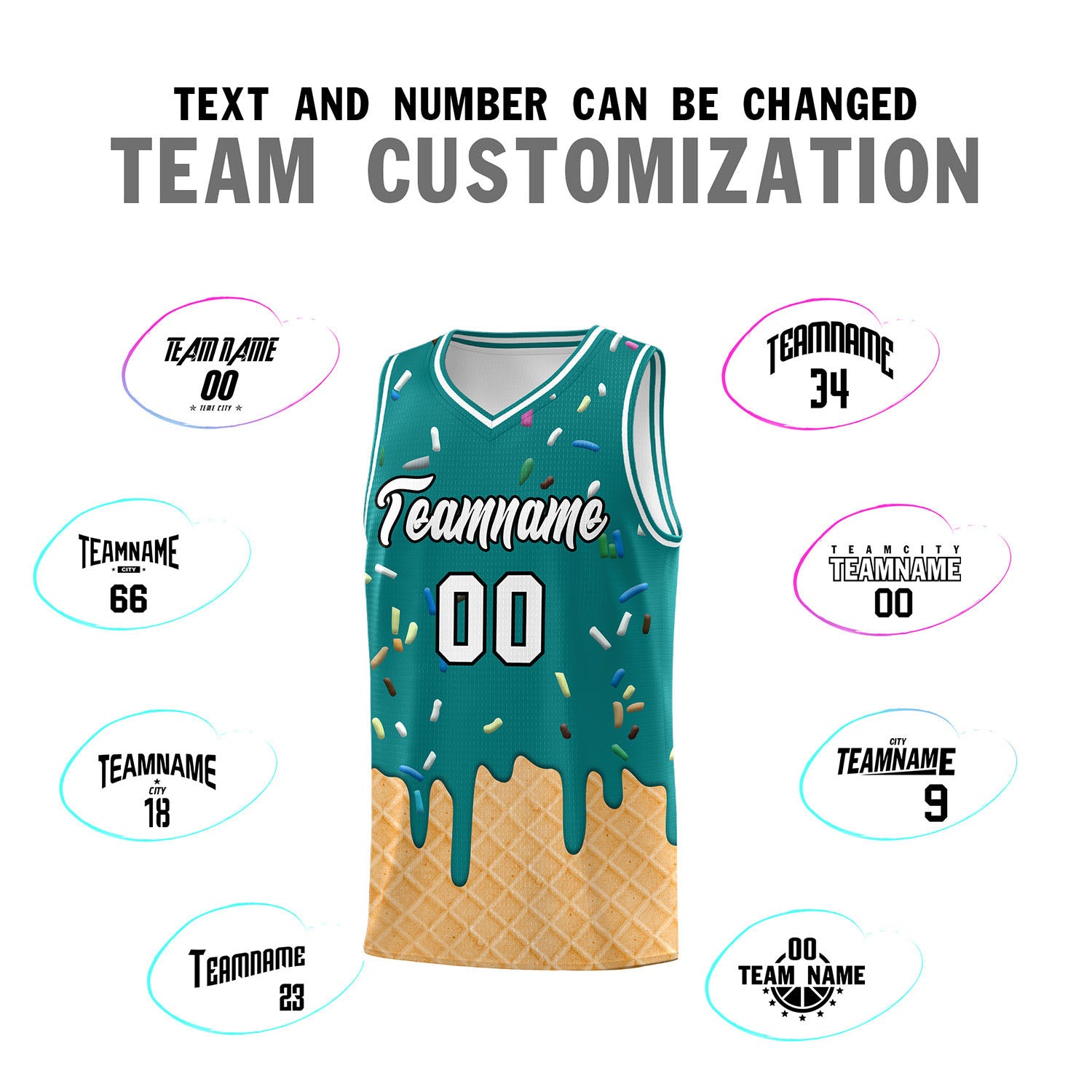 Custom Teal Basketball Kits with Ice Cream Element Pattern