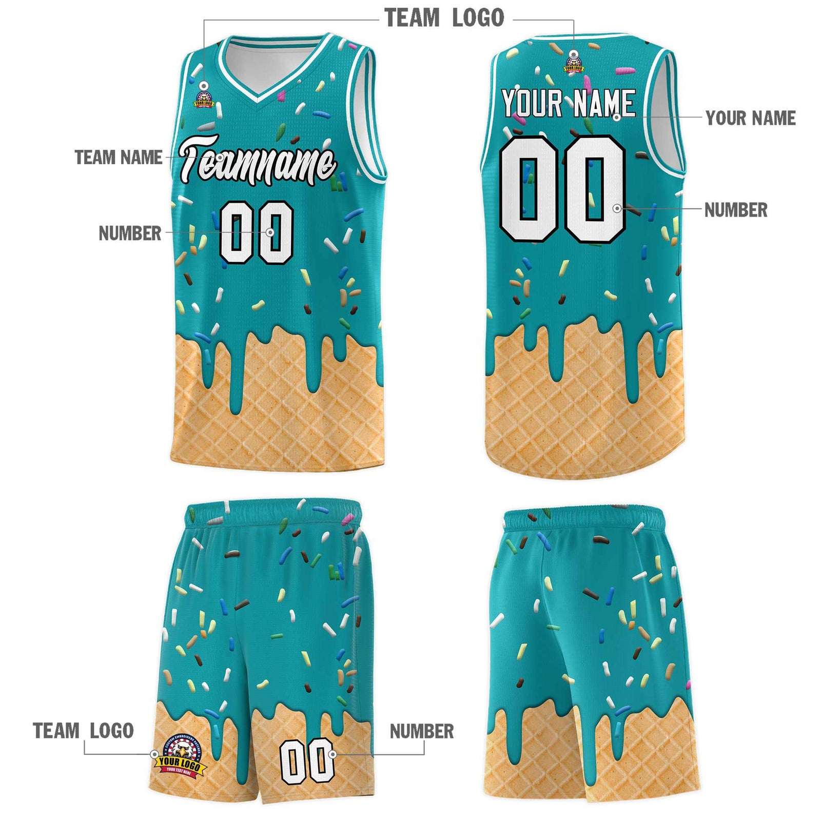 Custom Aqua Basketball Kits with Ice Cream Element Pattern