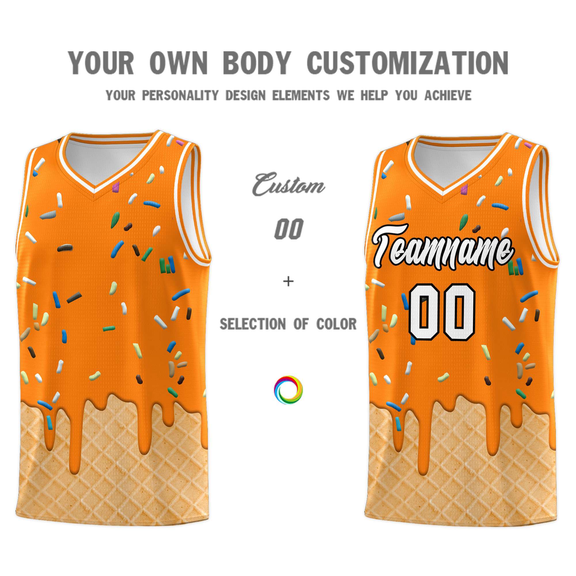 Custom Orange Basketball Kits with Ice Cream Element Pattern