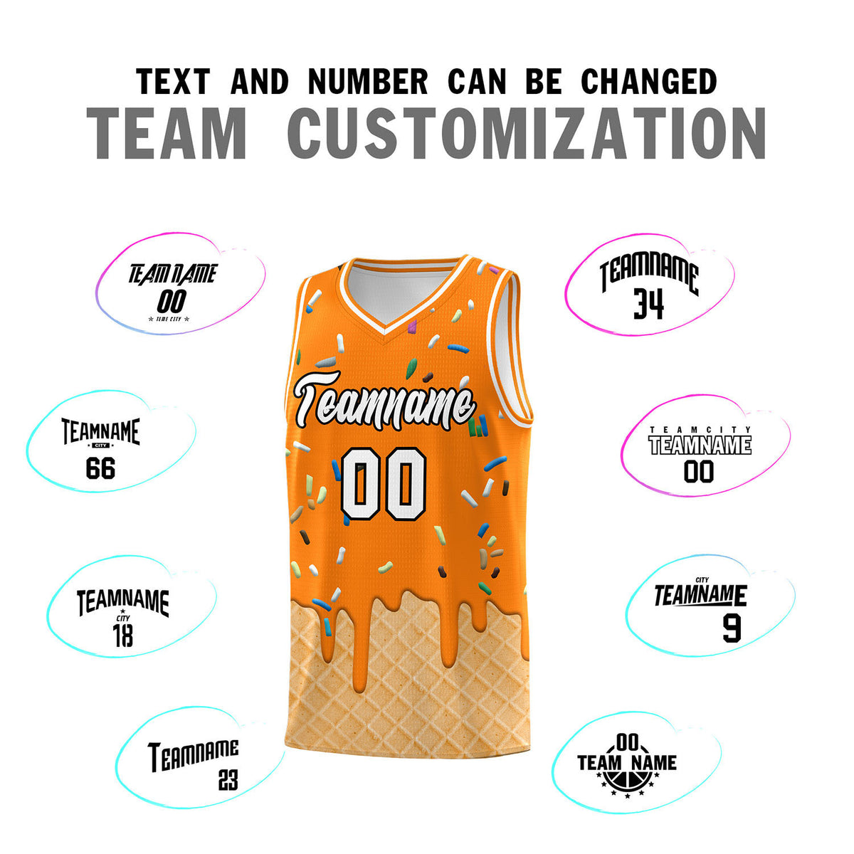 Custom Orange Basketball Kits with Ice Cream Element Pattern