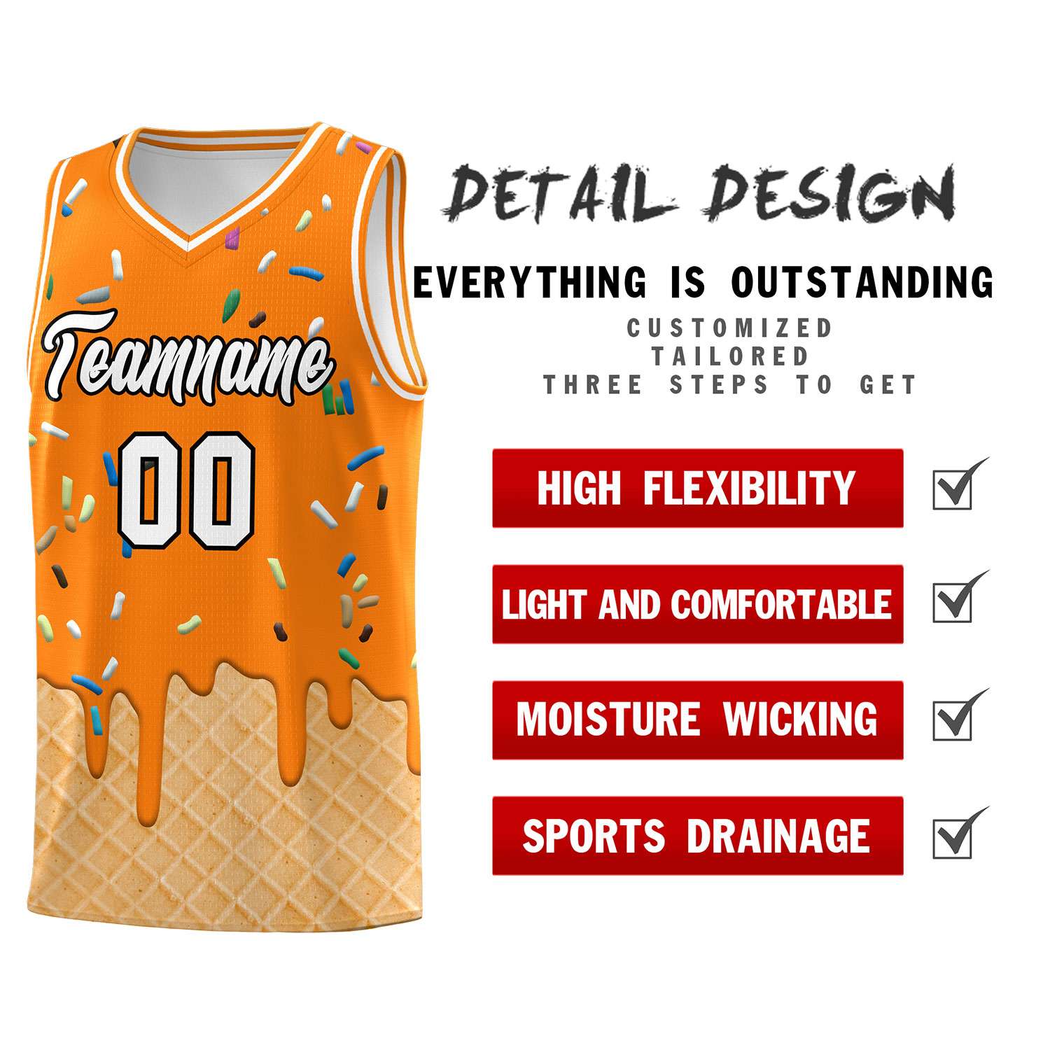 Custom Orange Basketball Kits with Ice Cream Element Pattern