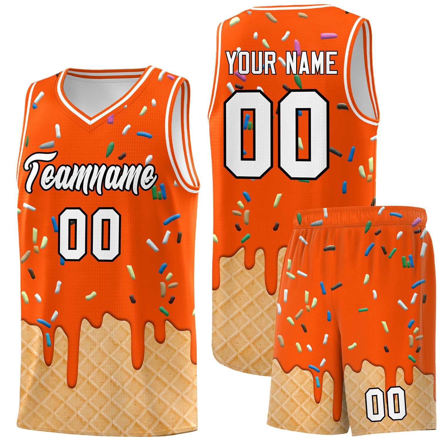 Custom Orange Basketball Kits with Ice Cream Element Pattern