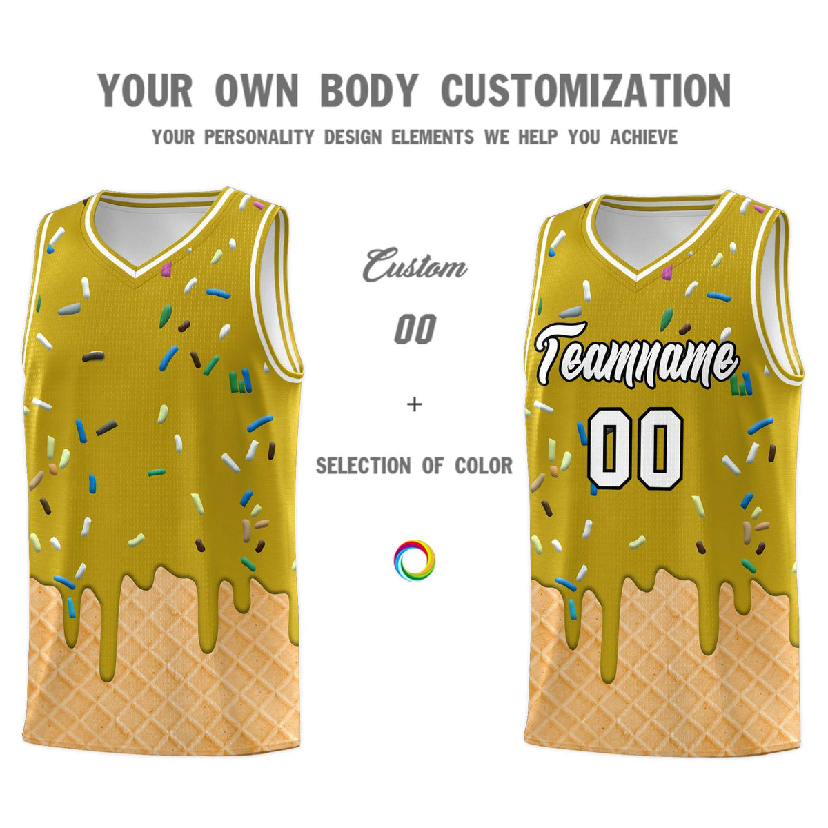 Custom Old Gold Basketball Kits with Ice Cream Element Pattern