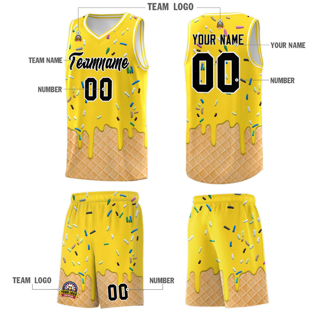 Custom Gold Basketball Kits with Ice Cream Element Pattern