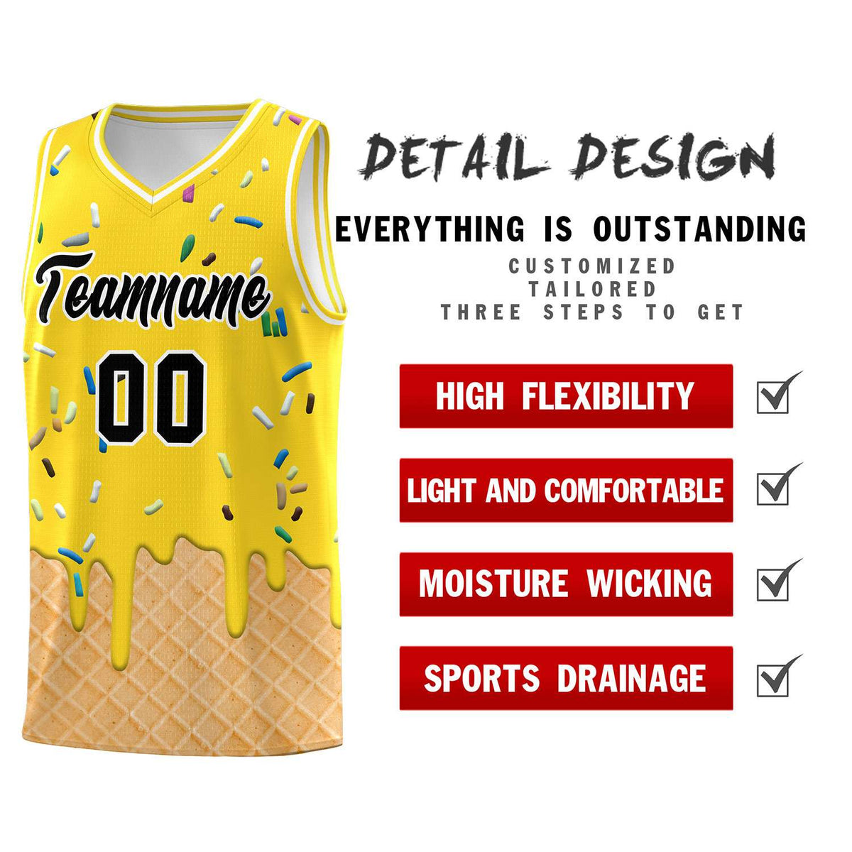 Custom Gold Basketball Kits with Ice Cream Element Pattern