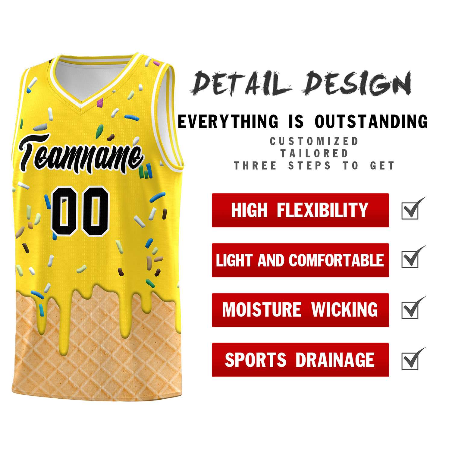Custom Gold Basketball Kits with Ice Cream Element Pattern