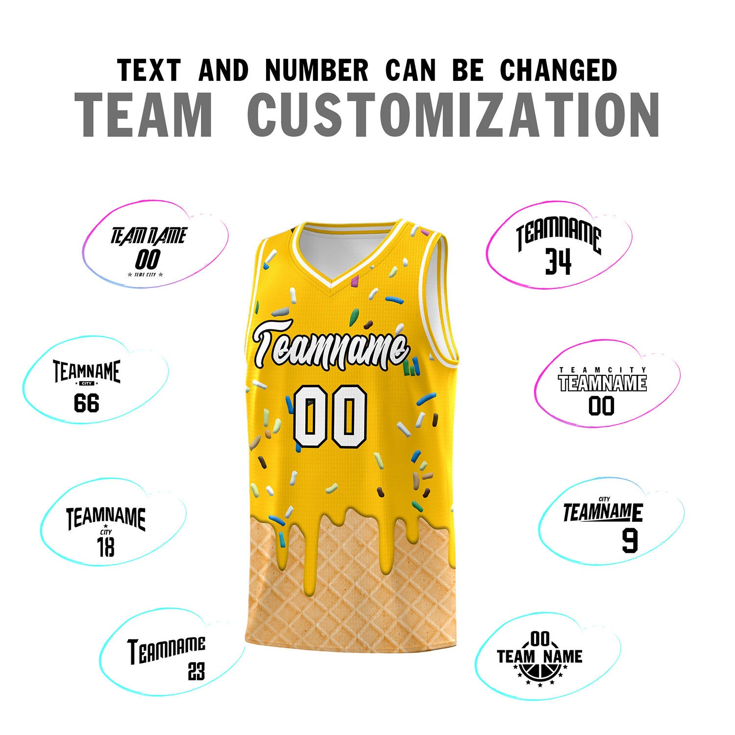 Custom Yellow Basketball Kits with Ice Cream Element Pattern