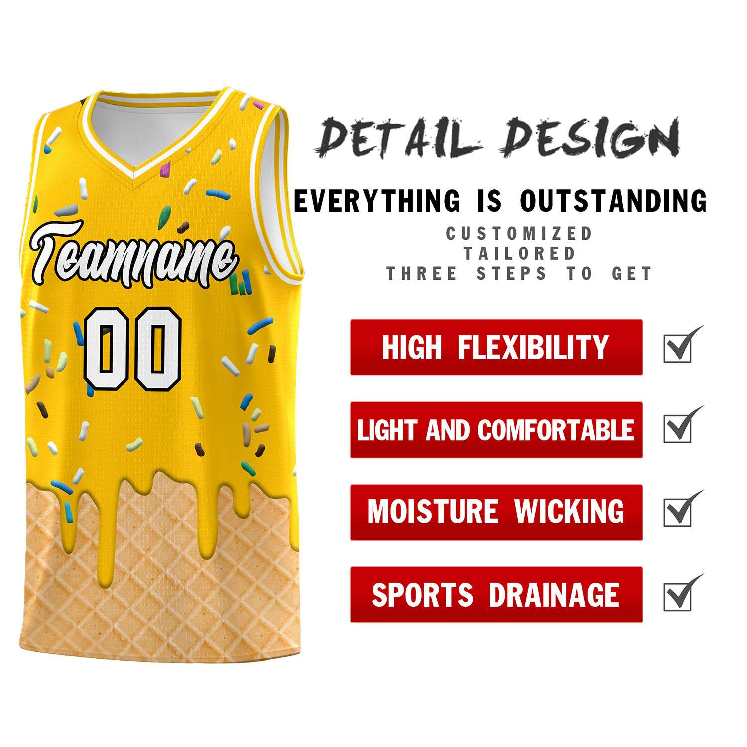 Custom Yellow Basketball Kits with Ice Cream Element Pattern