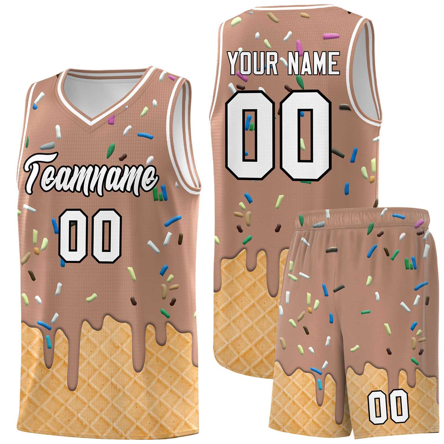 Custom Coffee Basketball Kits with Ice Cream Element Pattern