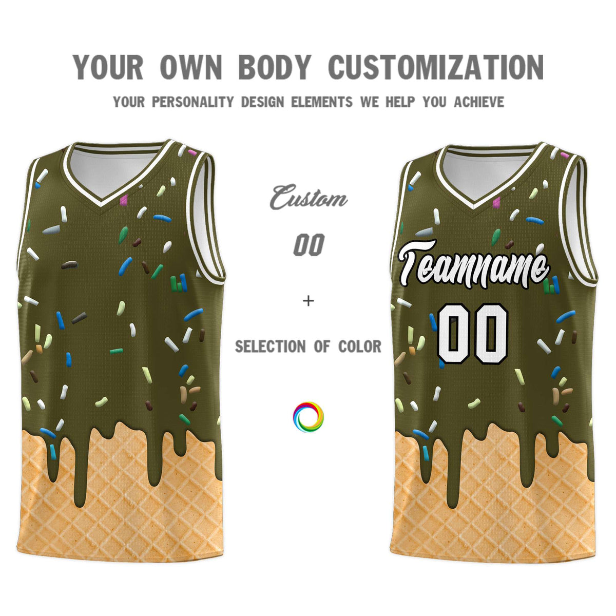 Custom Olive Basketball Kits with Ice Cream Element Pattern