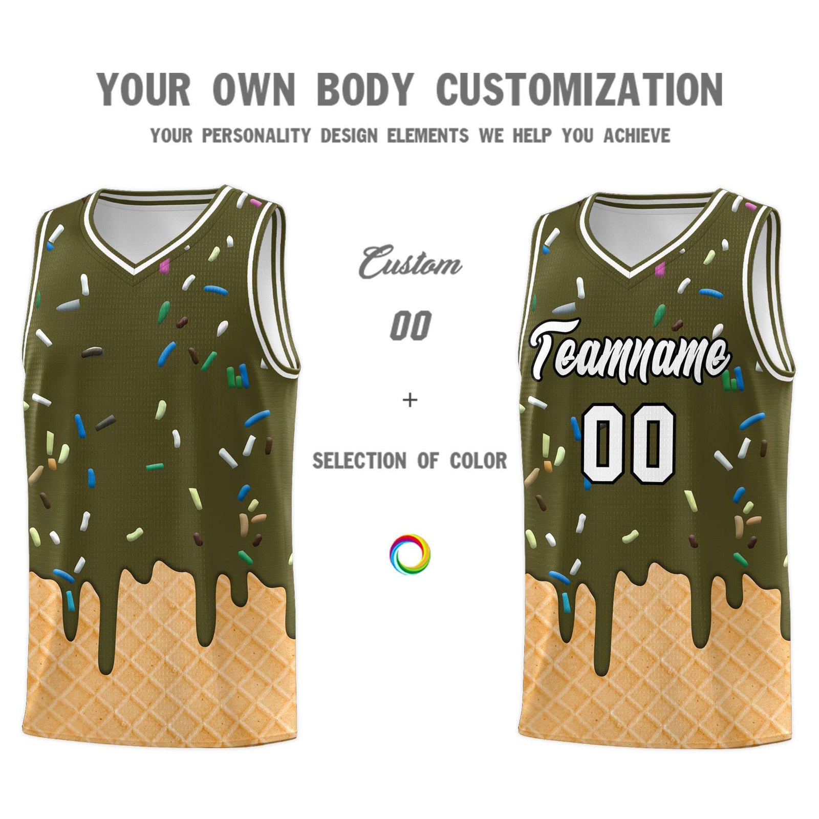 Custom Olive Basketball Kits with Ice Cream Element Pattern