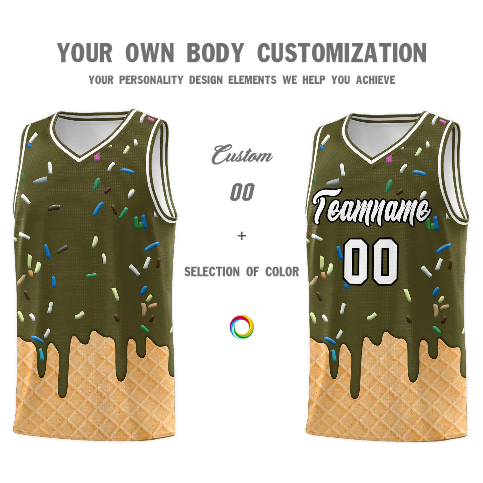 Custom Olive Basketball Kits with Ice Cream Element Pattern