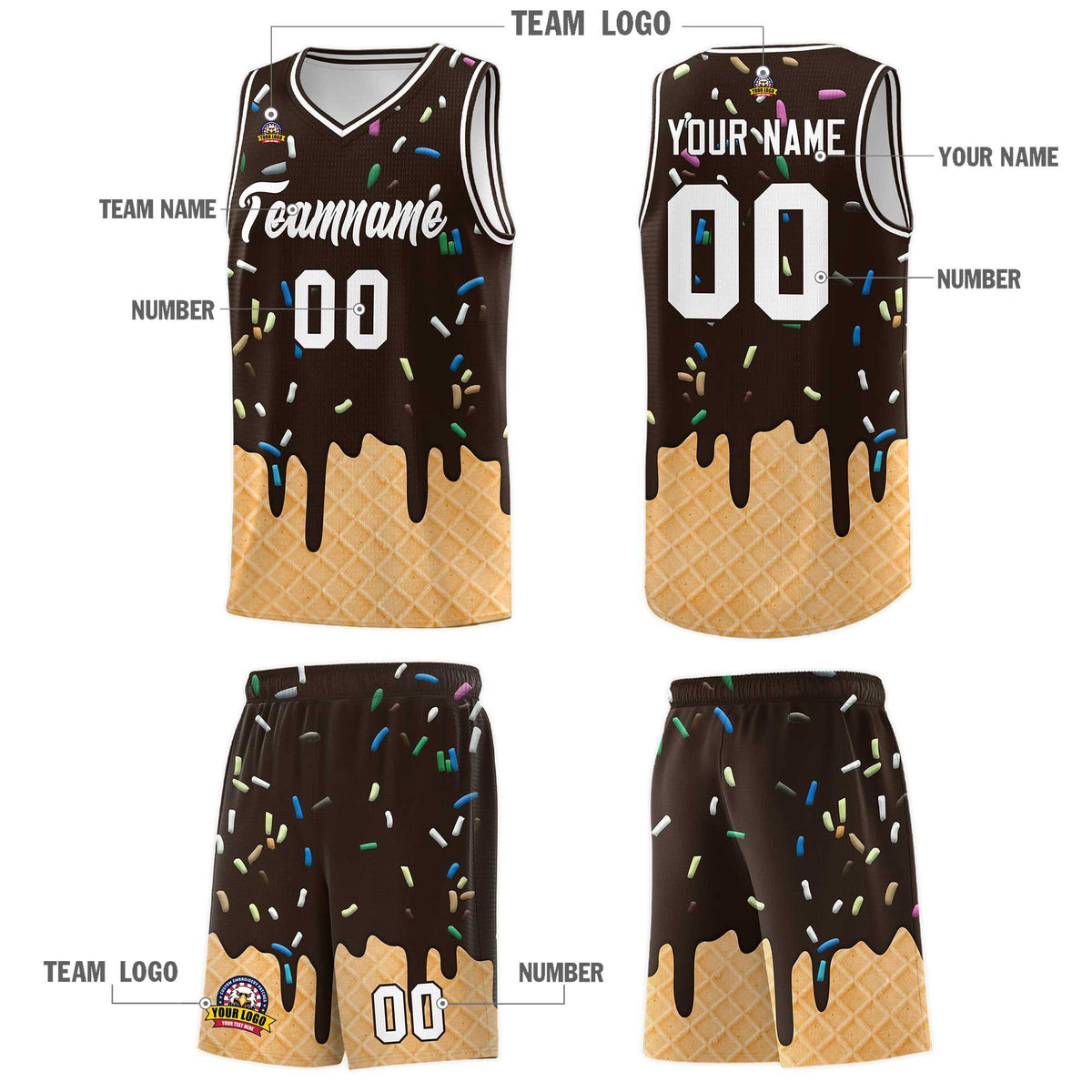Custom Brown Basketball Kits with Ice Cream Element Pattern
