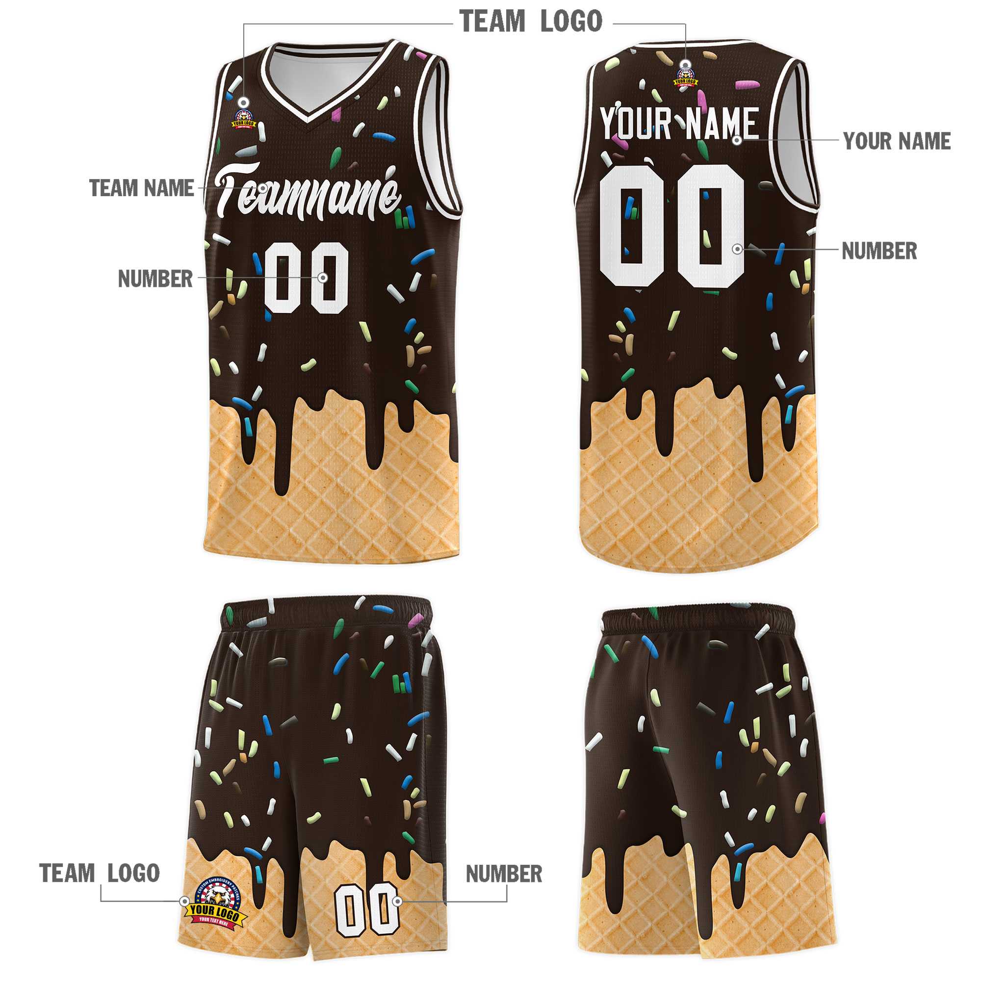 Custom Brown Basketball Kits with Ice Cream Element Pattern