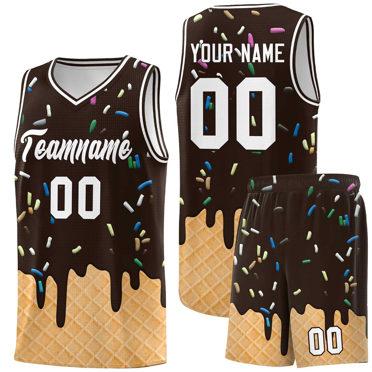 Custom Brown Basketball Kits with Ice Cream Element Pattern