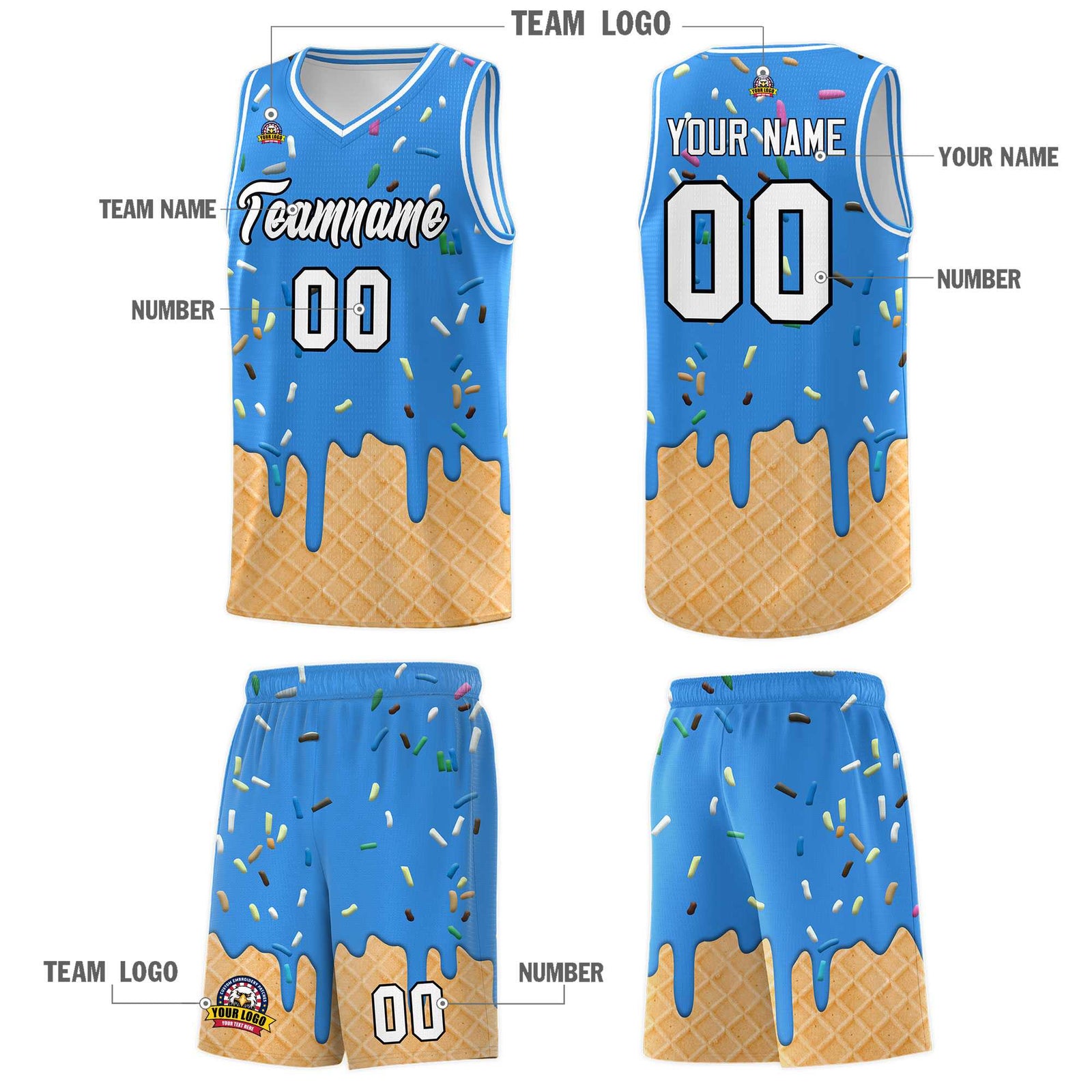 Custom Light Blue Basketball Kits with Ice Cream Element Pattern