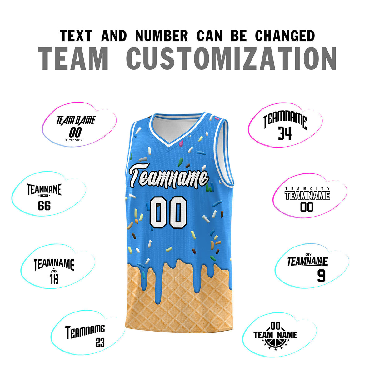 Custom Light Blue Basketball Kits with Ice Cream Element Pattern