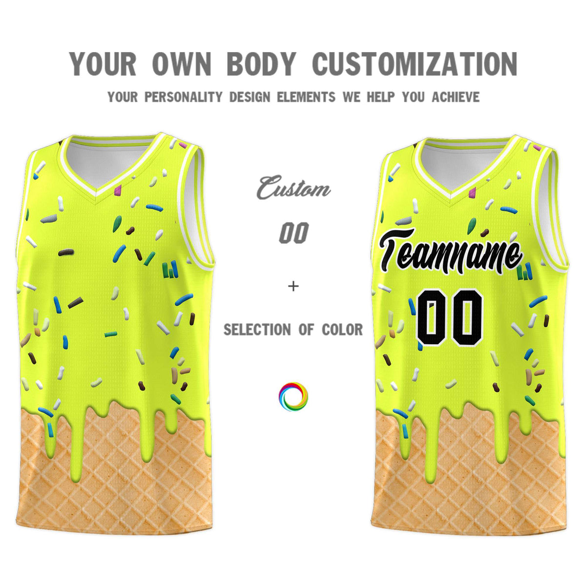 Custom Fluorescent Green Basketball Kits with Ice Cream Element Pattern