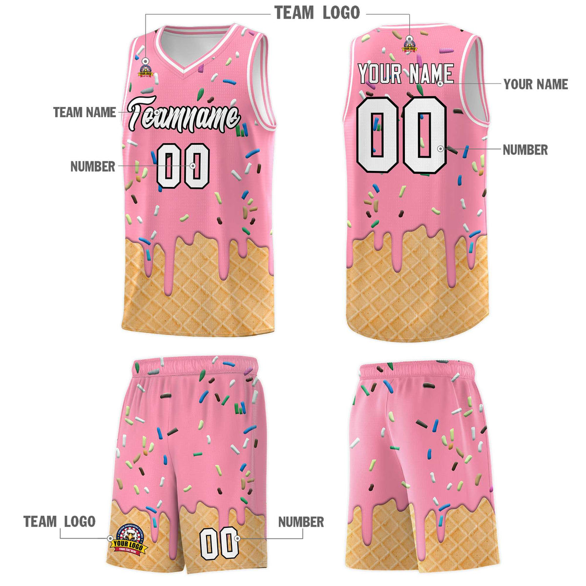 Custom Light Pink Basketball Kits with Ice Cream Element Pattern