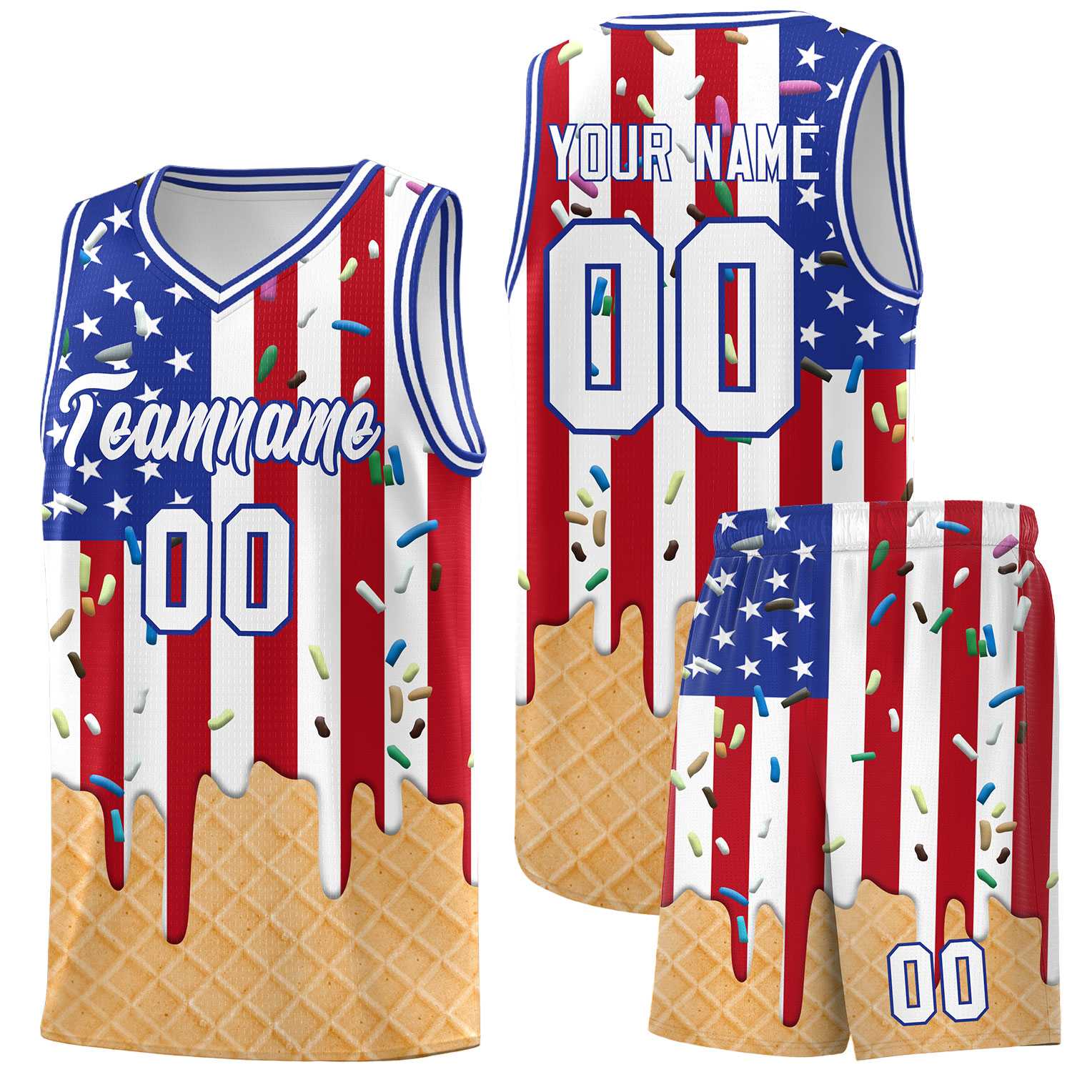 Custom American Flag Basketball Kits with Ice Cream Element Pattern