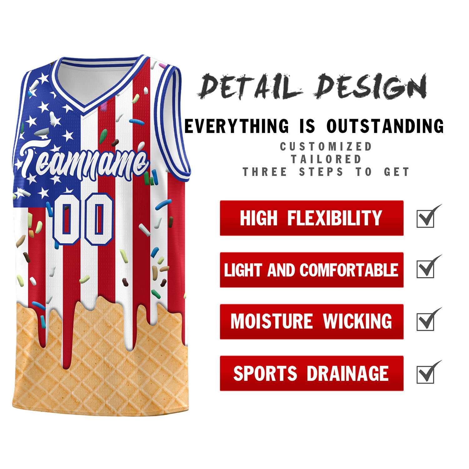 Custom American Flag Basketball Kits with Ice Cream Element Pattern