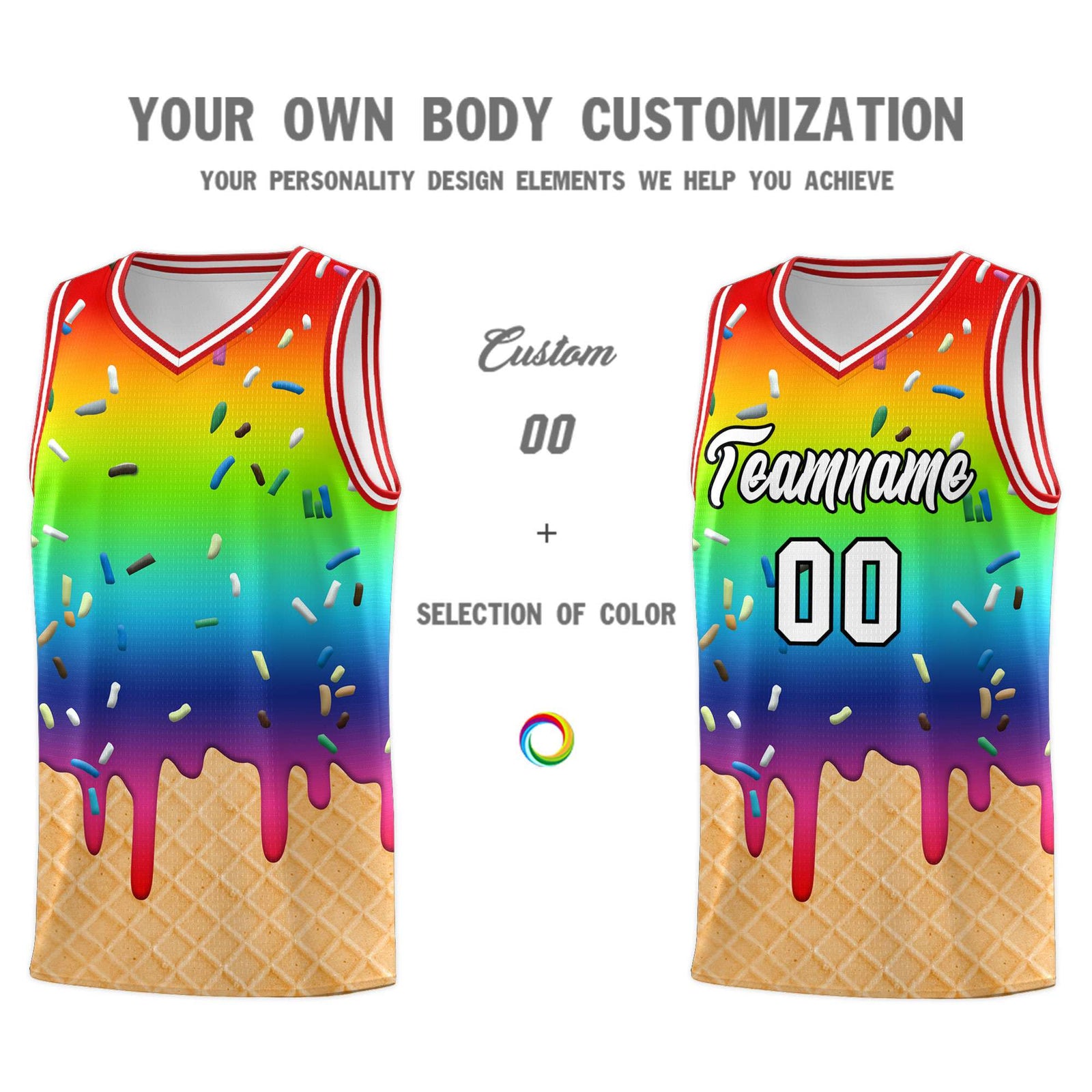 Custom Rainbow Basketball Kits with Ice Cream Element Pattern