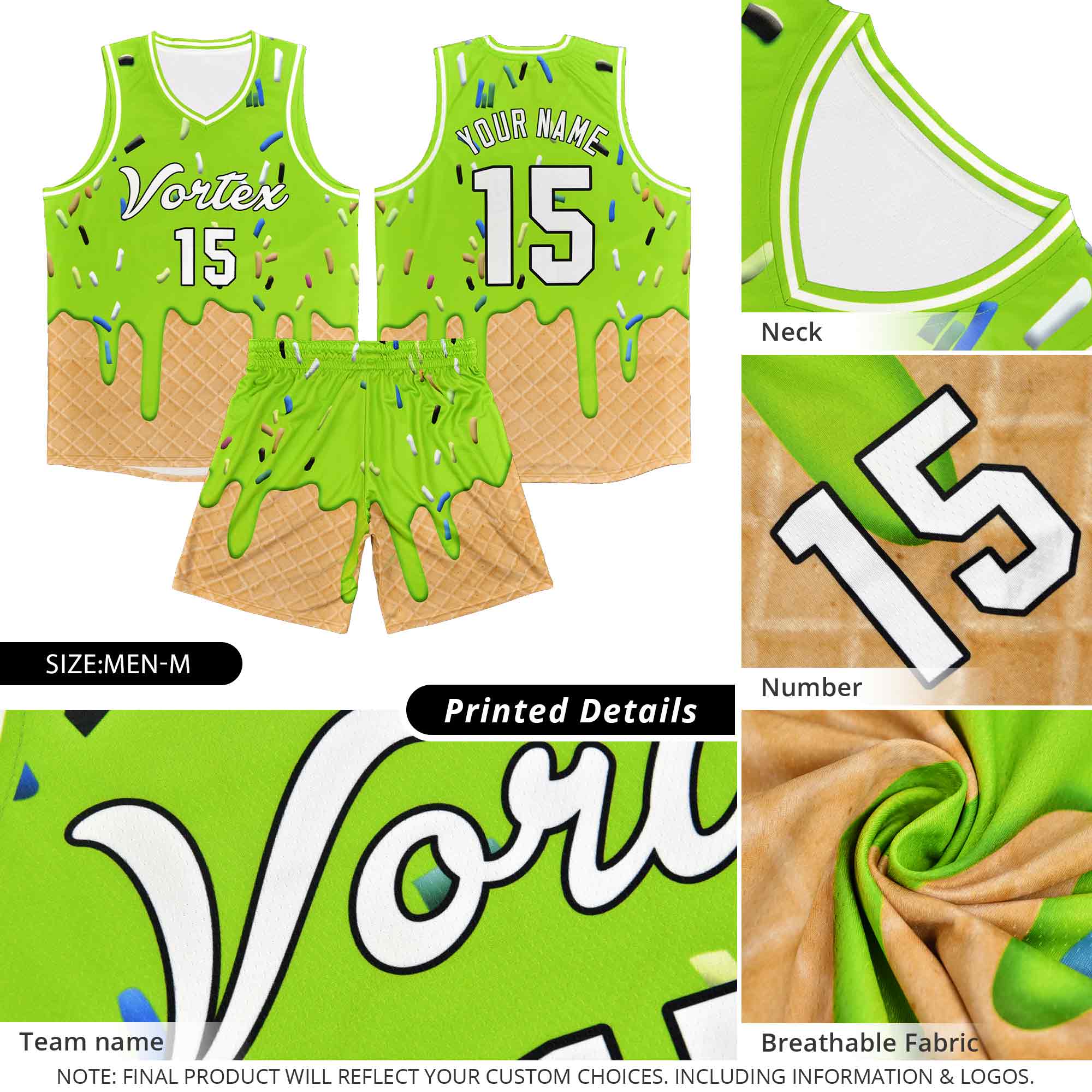 Custom Orange Basketball Kits with Ice Cream Element Pattern