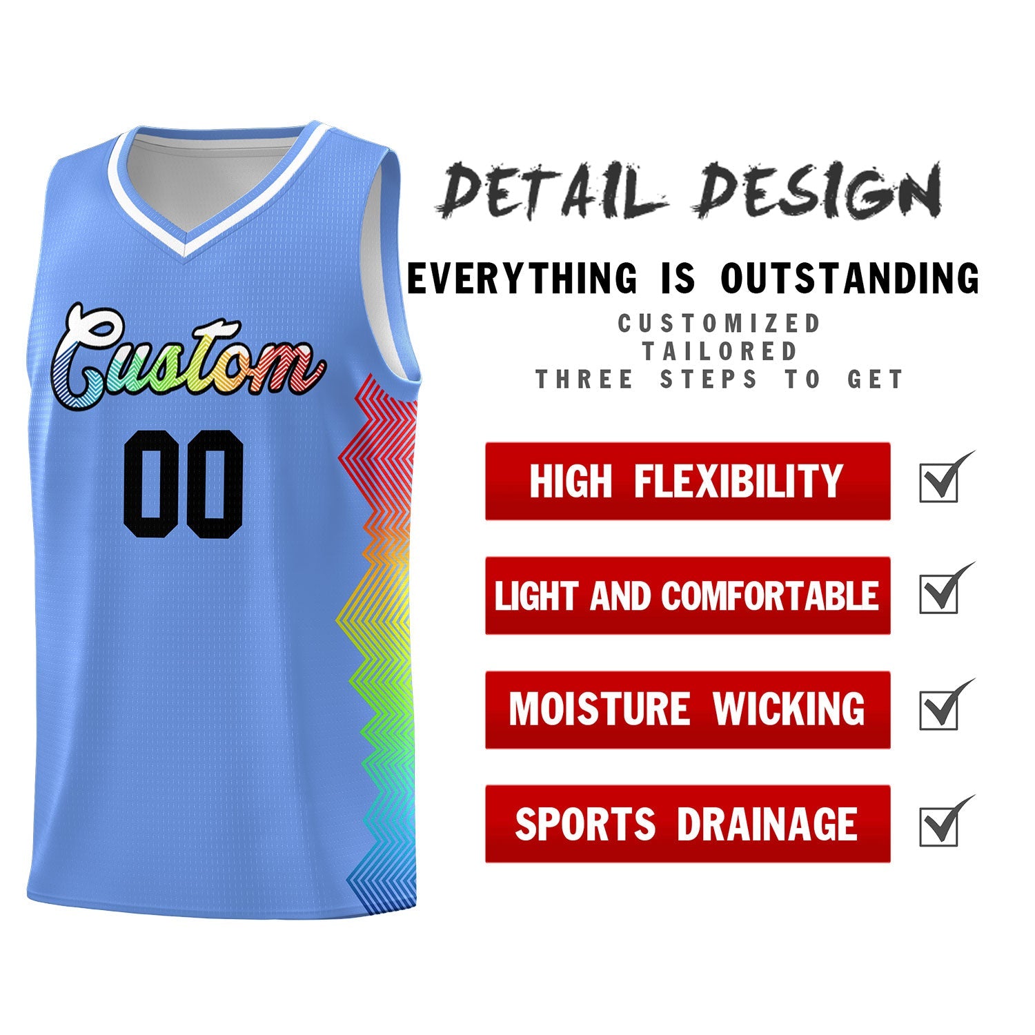 Custom Light Blue Denver Nuggets Rainbow Side Sports Uniform Basketball Jersey