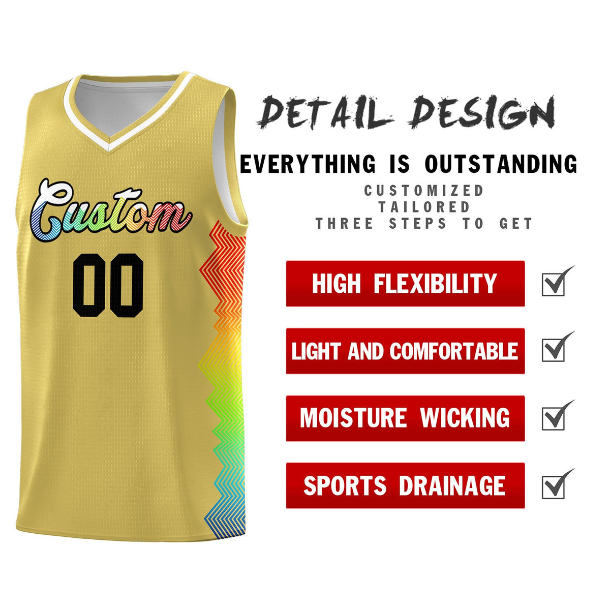 Custom Old Gold Denver Nuggets Rainbow Side Sports Uniform Basketball Jersey